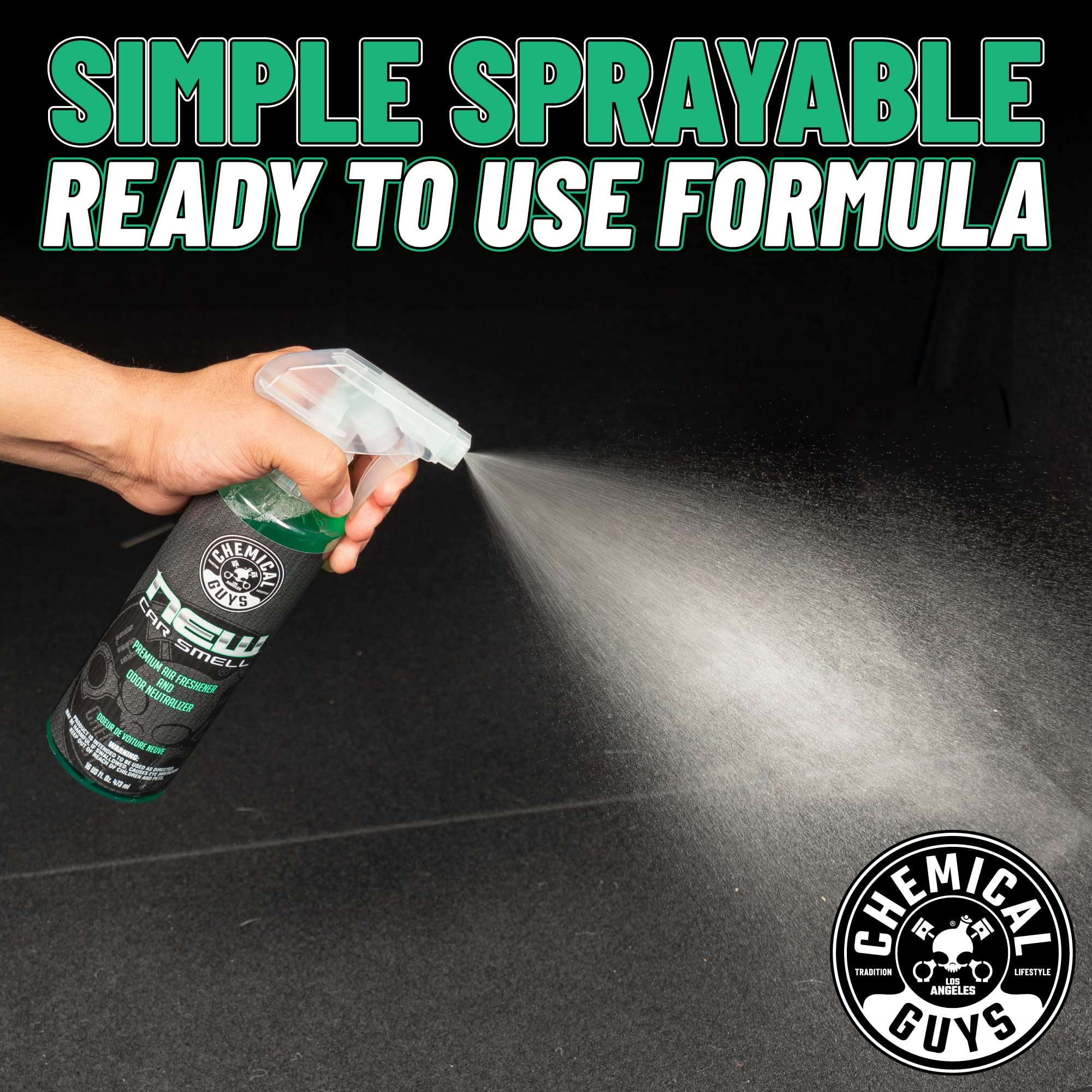 Chemical Guys New Car Smell Air Freshener, 16 fl oz - Long-Lasting Odor Eliminator for Cars, Trucks, SUVs & RVs - Black, Green