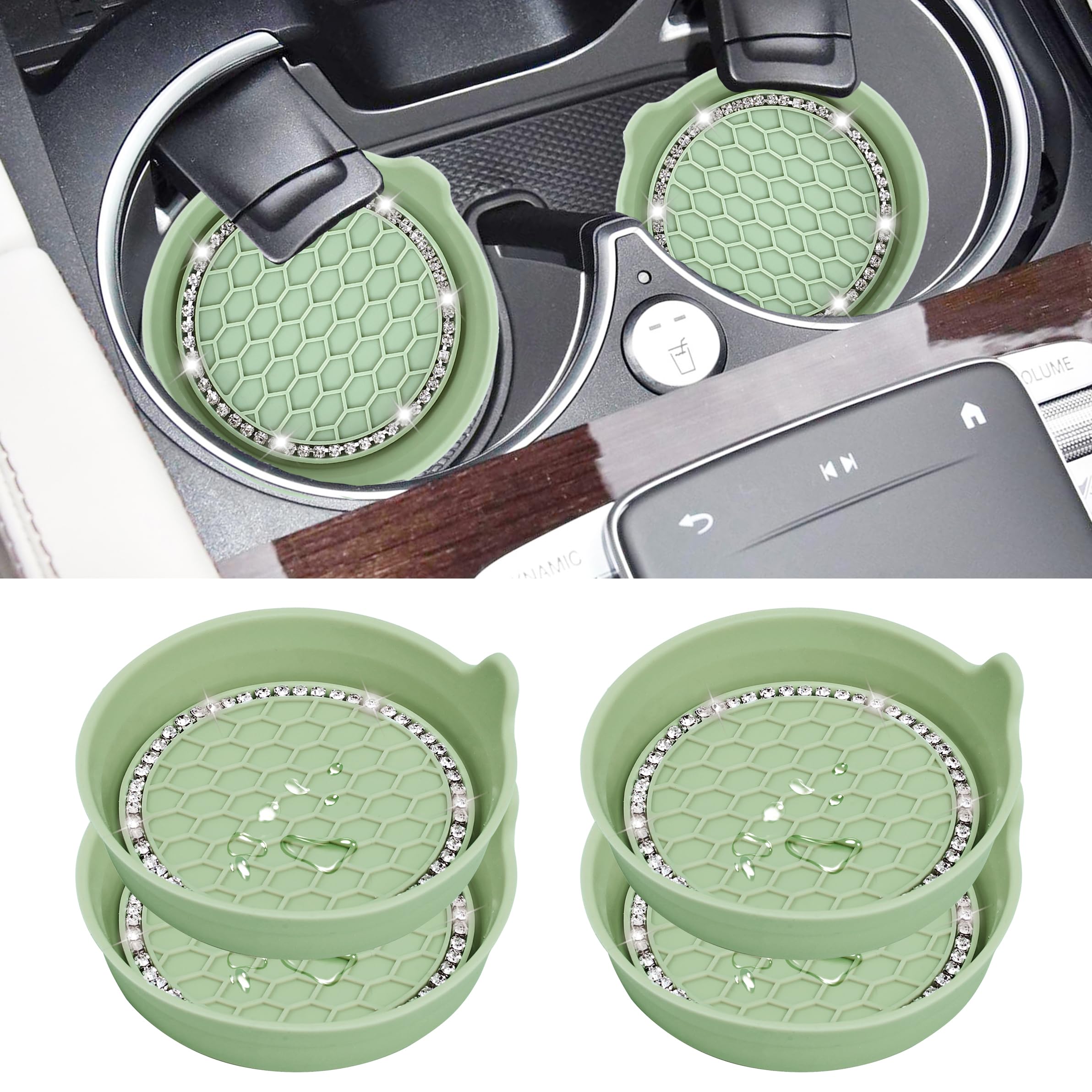 Amooca Car Cup Coaster Universal Non-Slip Cup Holders Bling Crystal Rhinestone Car Interior Accessories 4 Pack Tea Green
