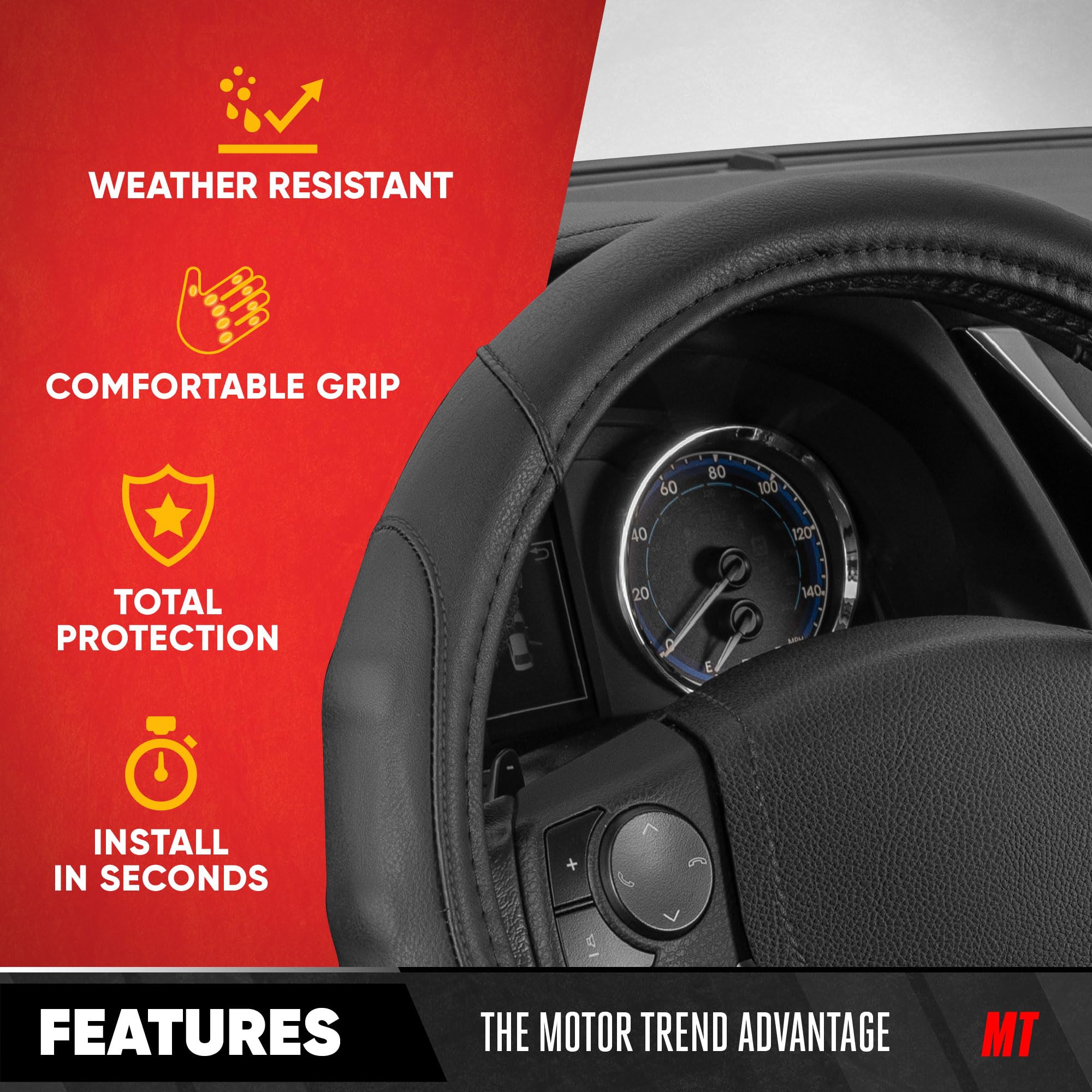 Motor Trend Gripdrive Pro Synthetic Leather Auto Car Steering Wheel Cover Black Comfort Grip - Small 13.5 To 14.5 Inch, Model:Sw