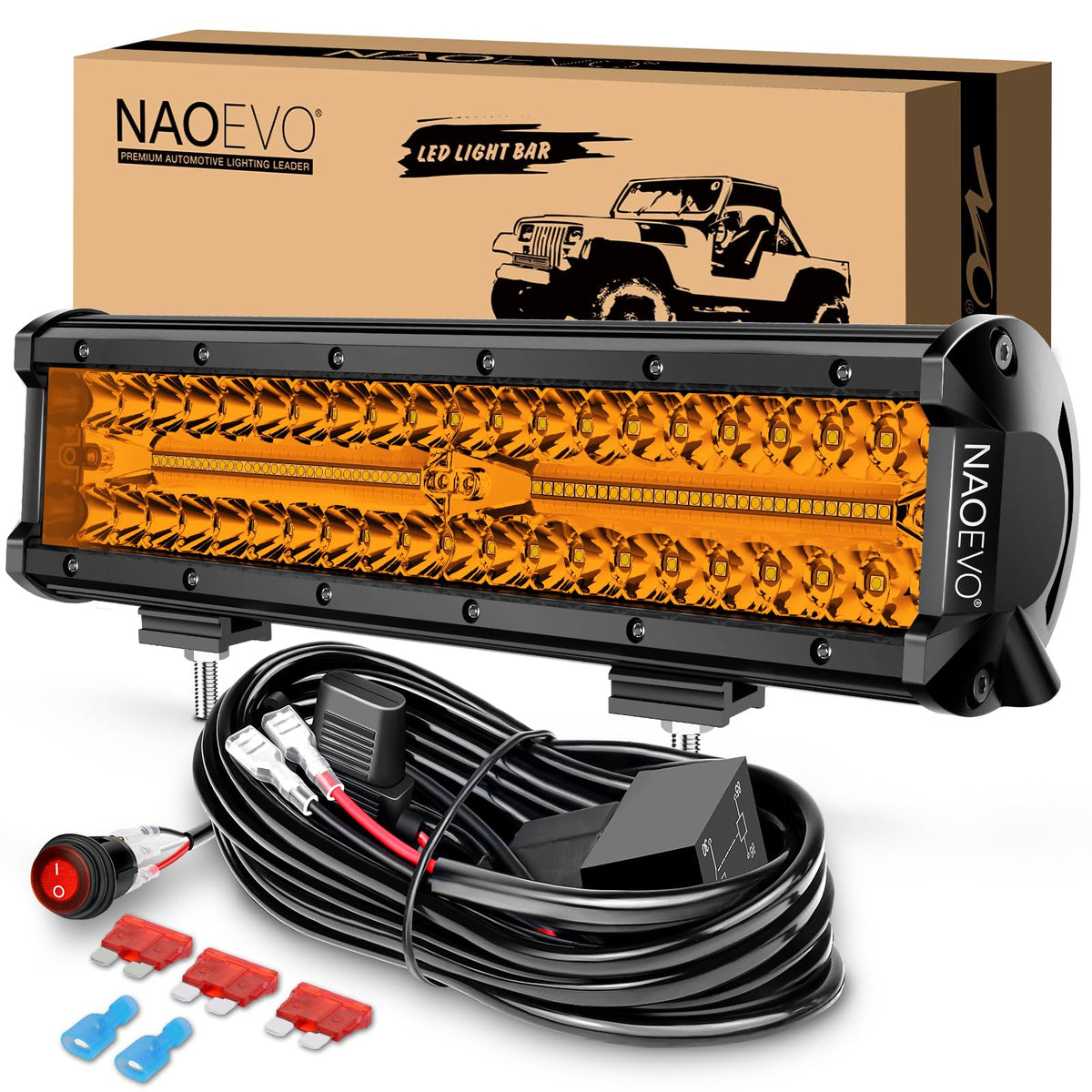Naoevo 12 Inch Led Light Bar, 300W 30000Lm Led Offroad/Driving/Fog Lights With Wiring Harness Kit, Spot Flood Work Lights For Tr