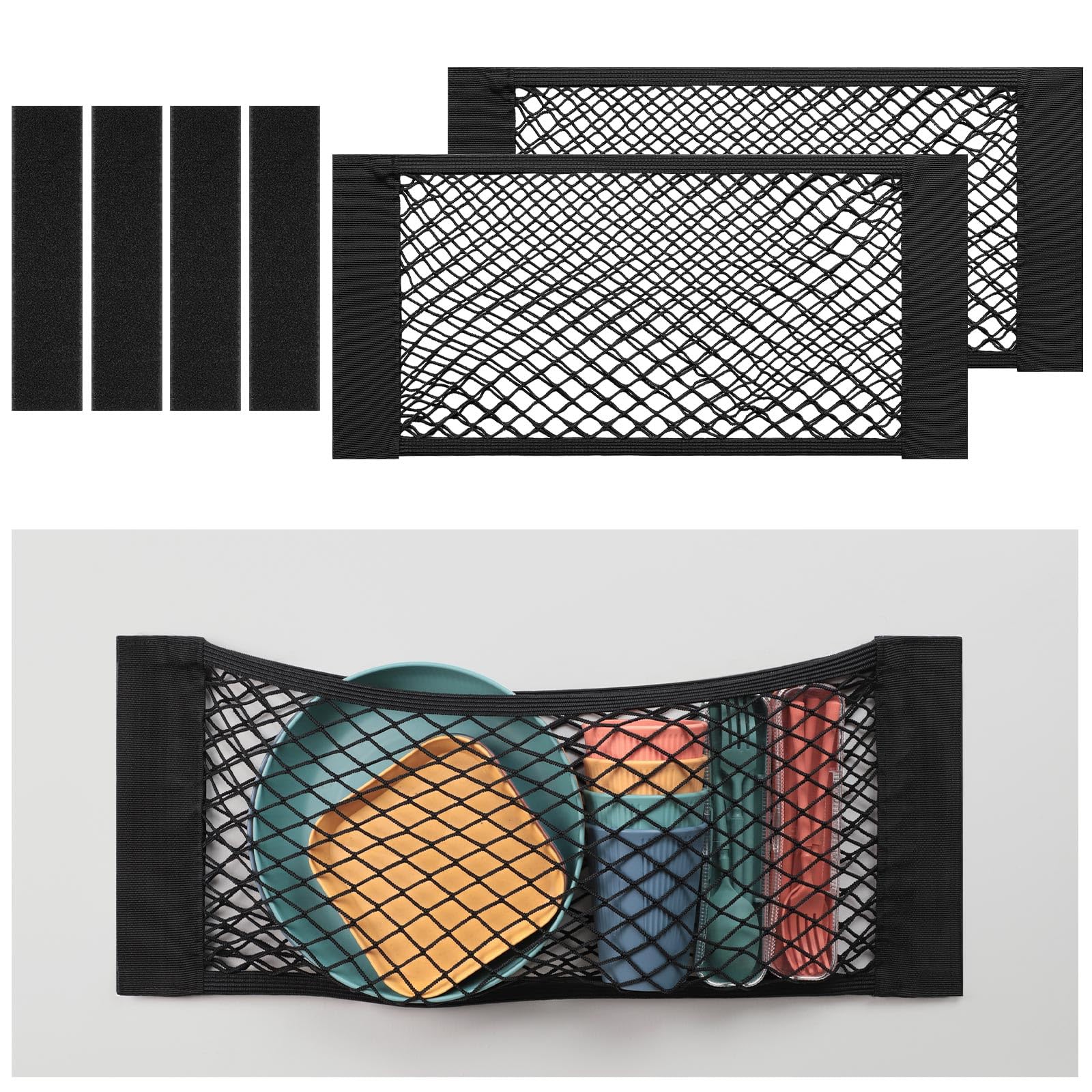 TOBWOLF 2PCS 25x60cm / 9.8x23.6in Car Storage Net Bag with Tape Stickers, Adhesive Mesh Pocket Net String Pouch Bag, Stretchable