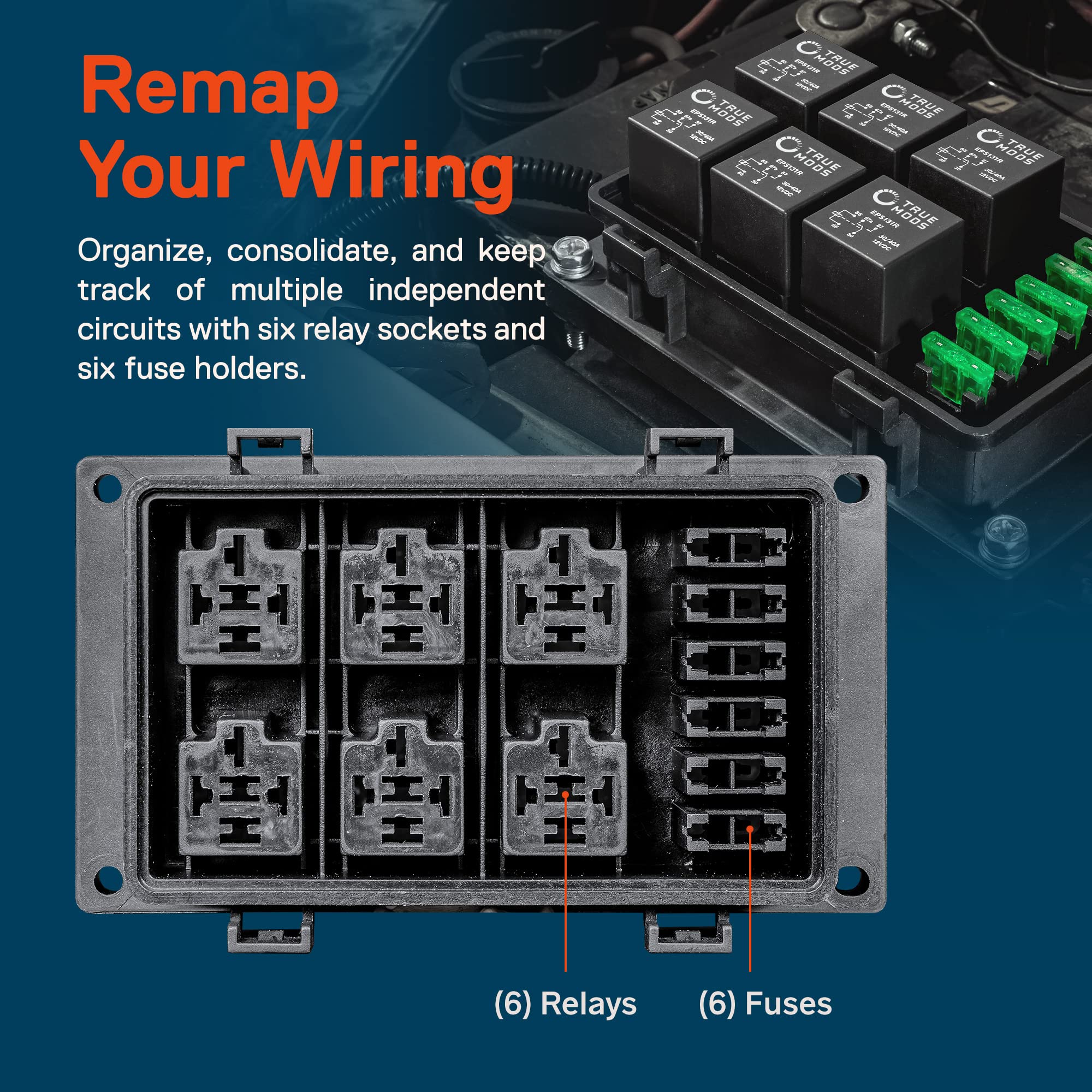 True Mods 12V Dc Auto Waterproof Fuse 5-Pin Relay Box Block Kit [6 Bosch Style Relay Holder] [6 Atc/Ato Fusible Holder] [Relays & Fuses Included] Universal Relay For Vehicles Cars Marine Boat Jeep