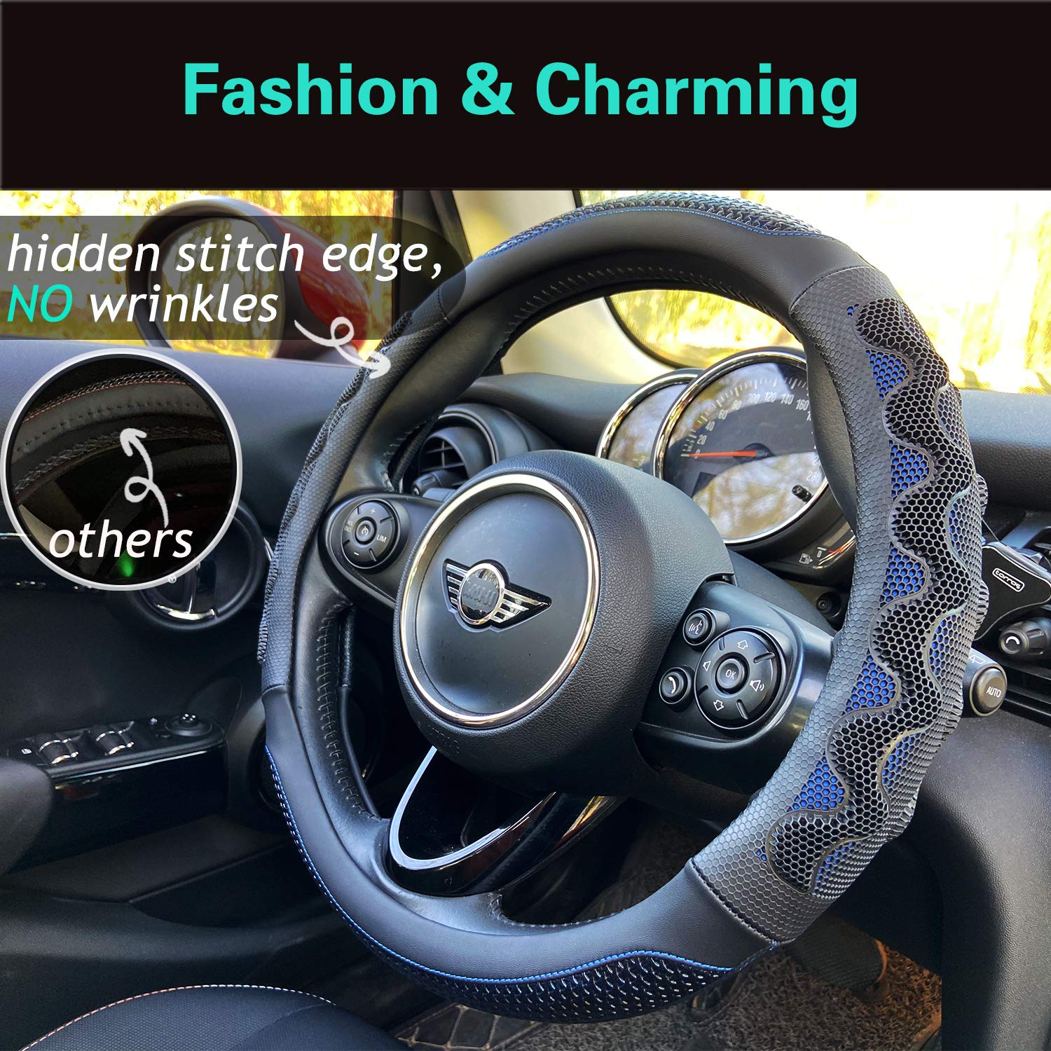 Pinctrot Steering Wheel Cover Great Grip With 3D Honeycomb Anti-Slip Design, Universal 14.5-15 Inch (Blue)