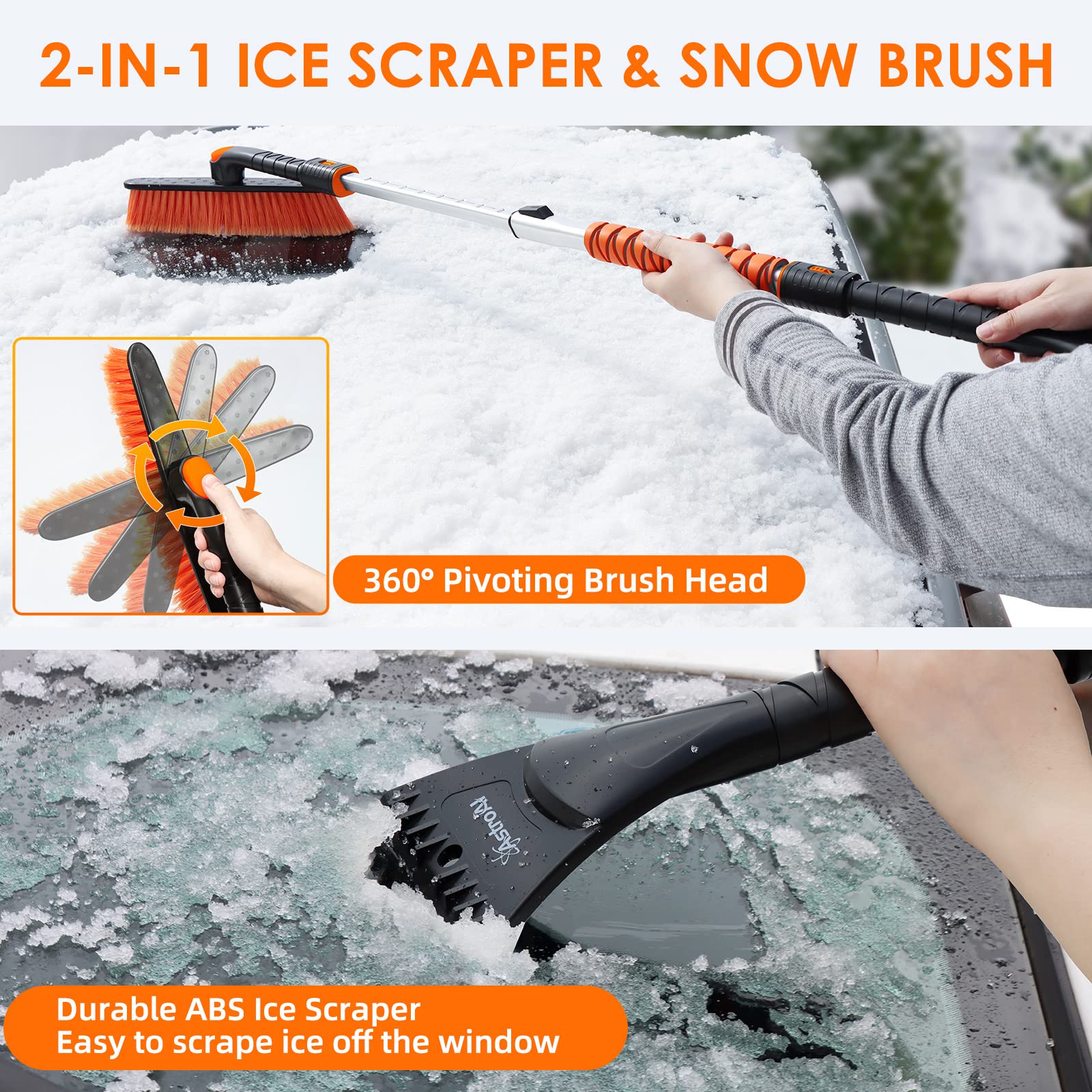 Astroai 47.2'' Ice Scraper And Extendable Snow Brush For Car Windshield With Foam Grip And 360