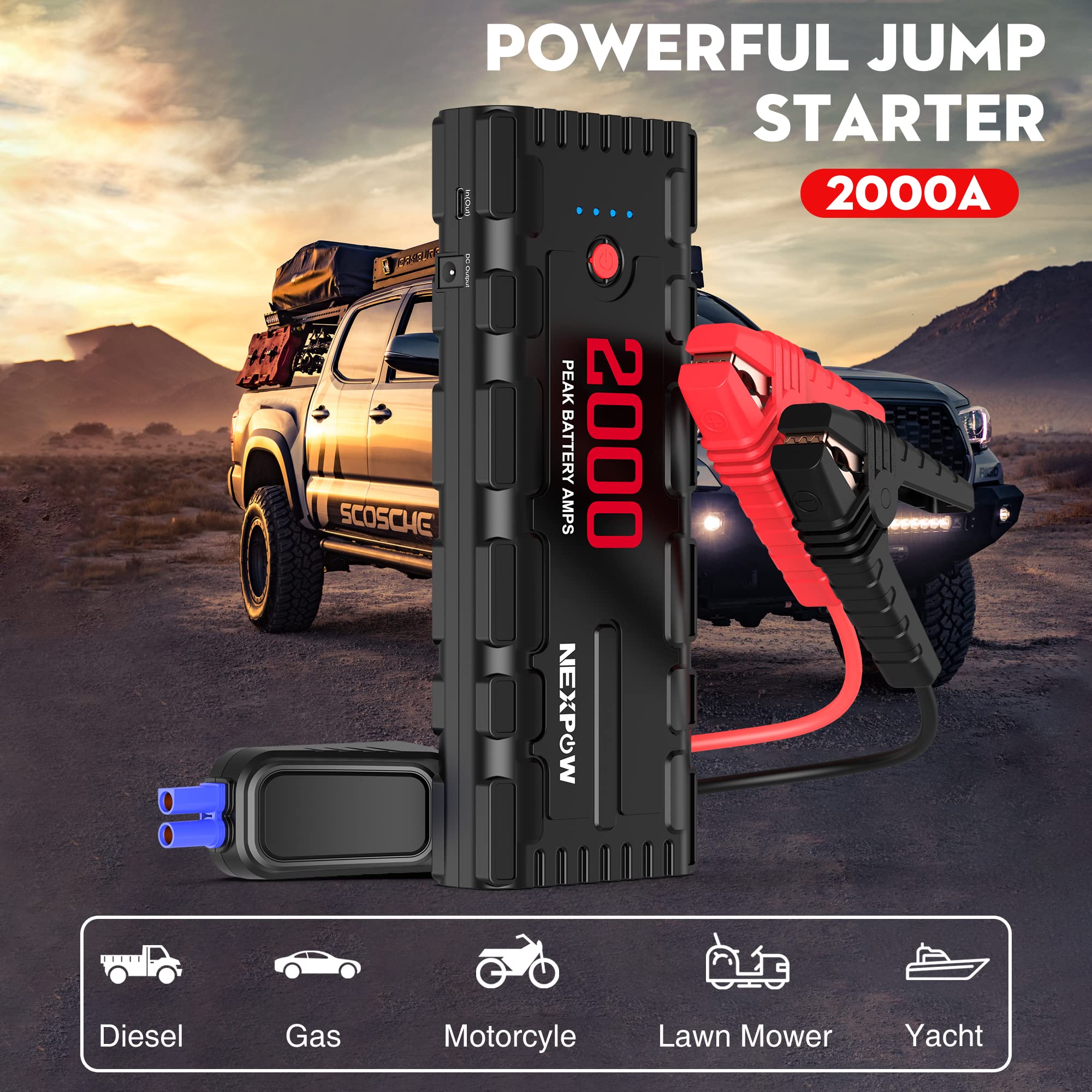 Nexpow Car Jump Starter, 2000A Peak 12V Portable Car Battery Starter, Auto Battery Booster, Lithium Jump Box With Led Light/Usb Quick Charge 3.0