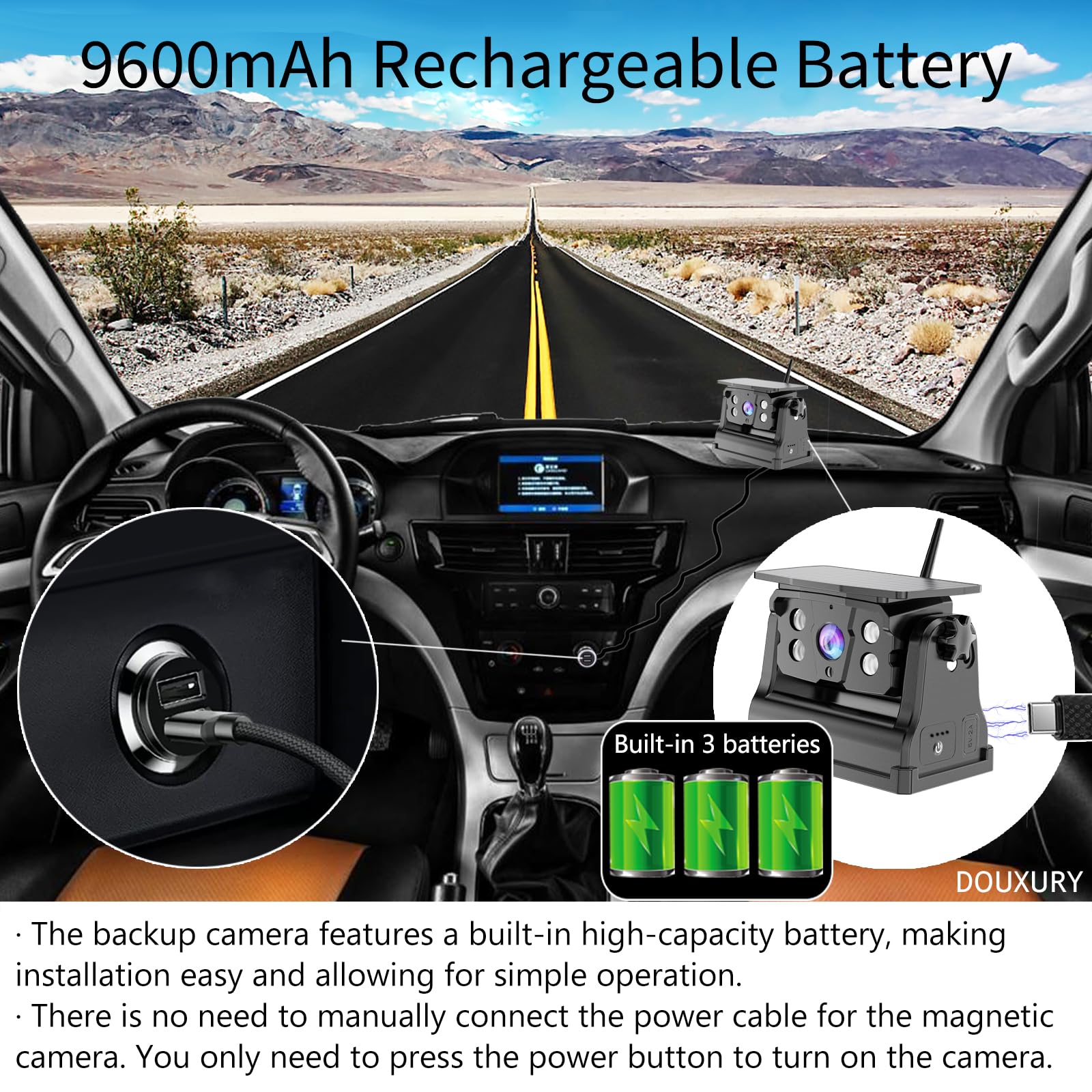 DOUXURY Wireless Backup Camera - Solar Magnetic, 1080P HD, 5" Monitor, Night Vision, Rechargeable, for Car RV Truck, Black, 2025 Model