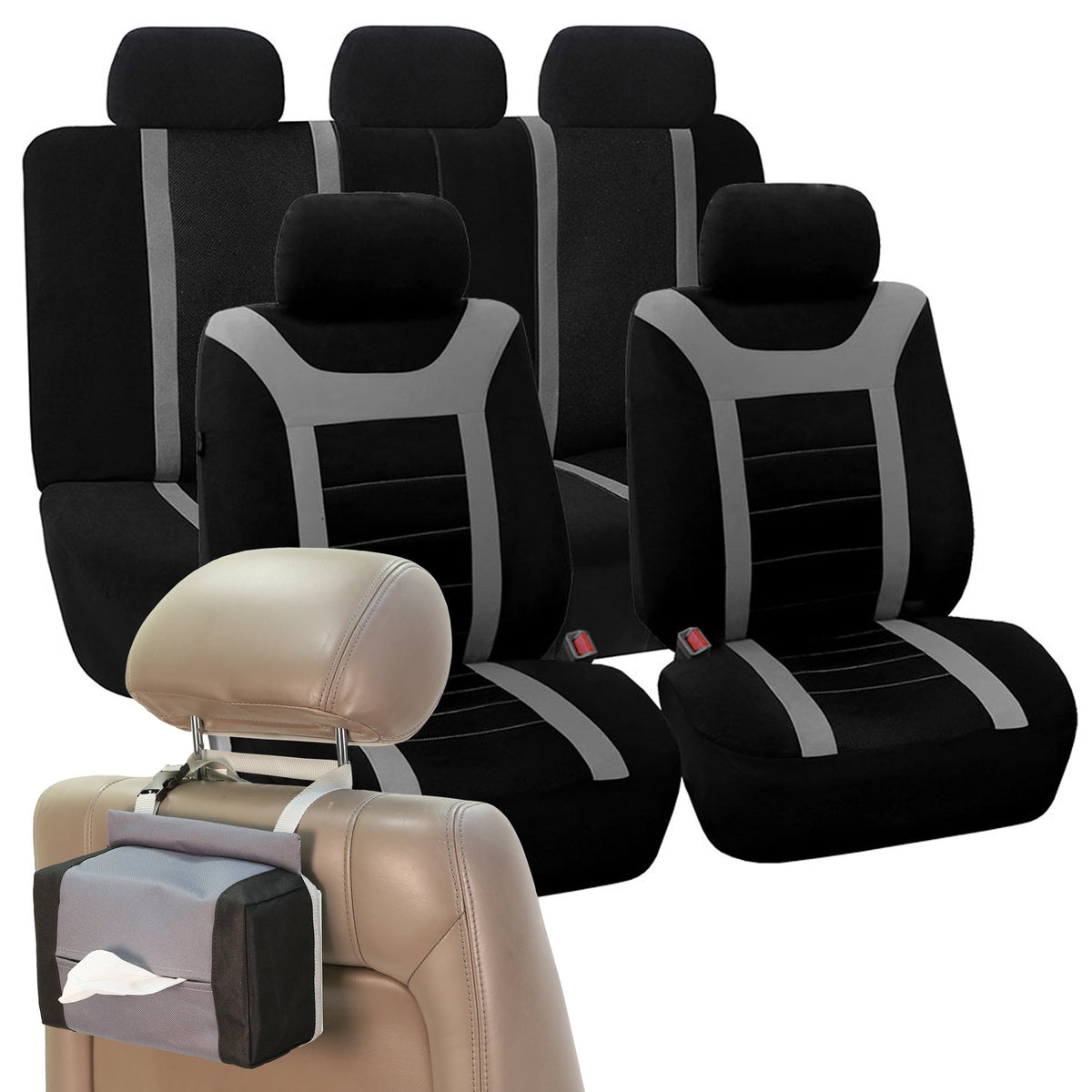 Fh Group Car Seat Covers Sports Full Set Gray Automotive Seat Covers, Airbag Compatible And Split Rear Car Seat Cover Universal 