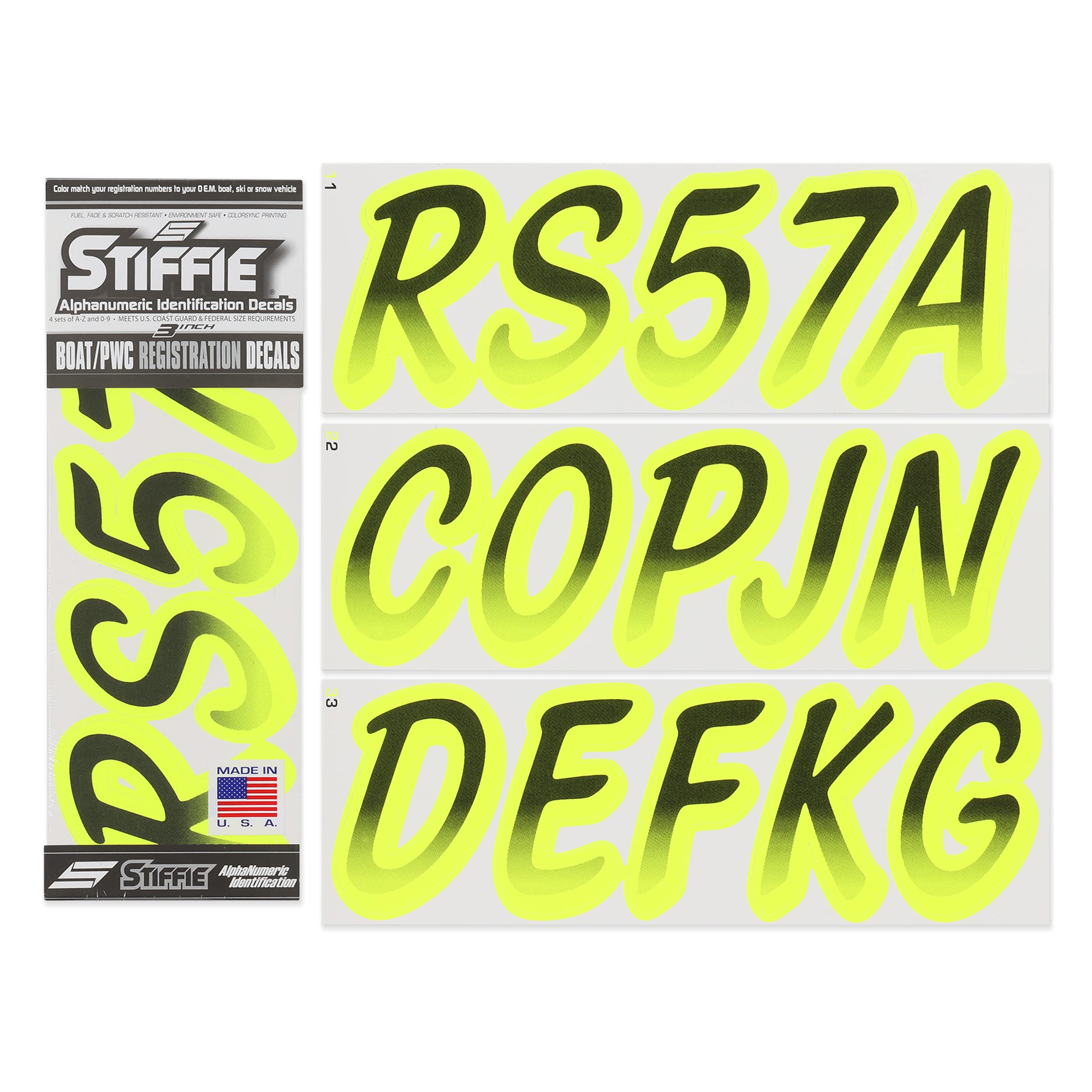 STIFFIE Whipline Black/Day Glow Yellow 3'' Boat & PWC Registration Decals  Numbers Letters Stickers