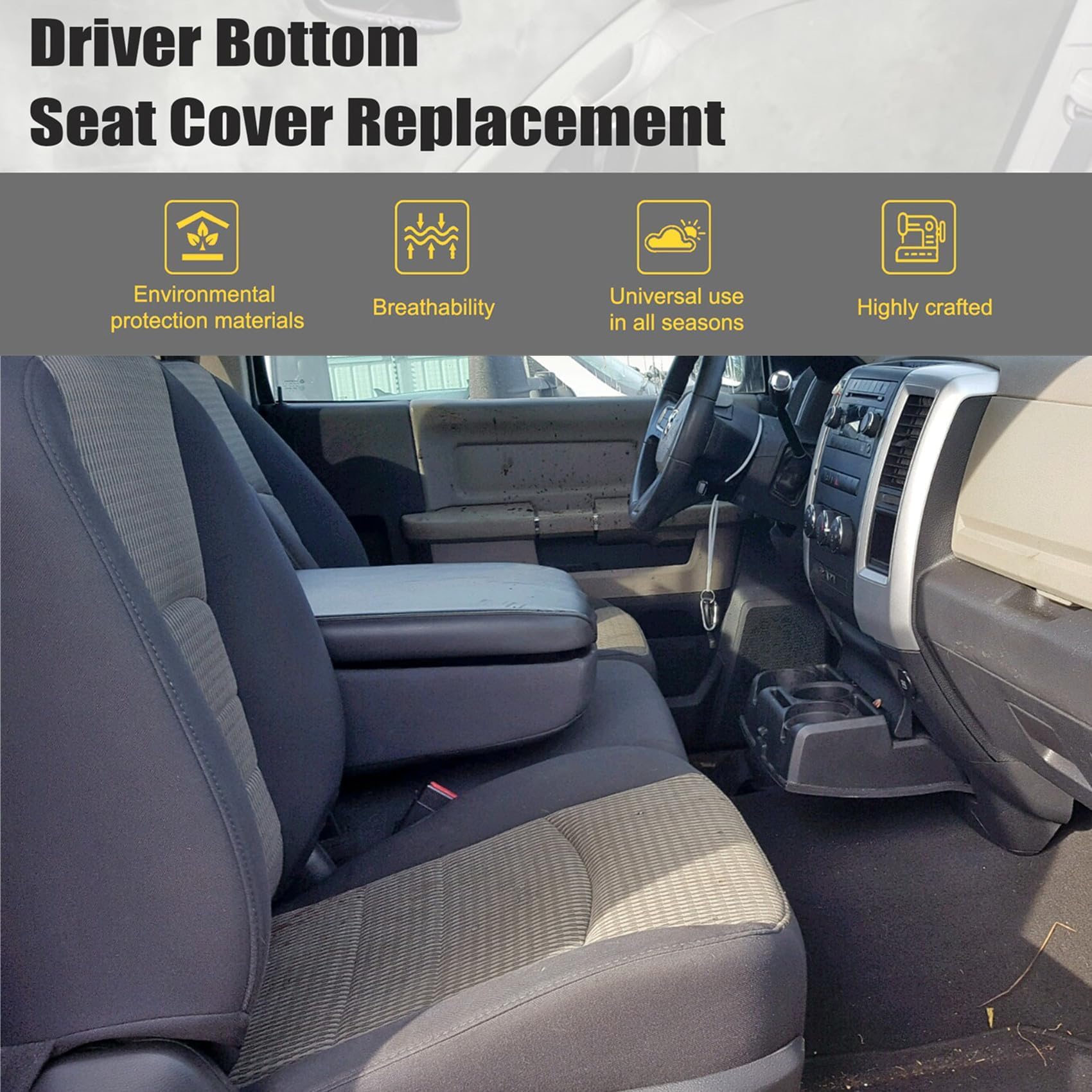 Priprilod Cloth Gray/Black Passenger Side Bottom Replacement Seat Cover Compatible with Dodge Ram 1500 2500 3500 4500 5500 SLT 2