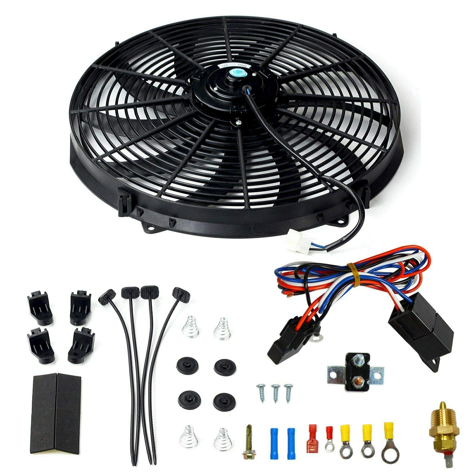 Blackhorse-Racing 16' 16 Inch Electric Radiator Fan High 3000 + Cfm Thermostat Wiring Switch Relay Kit Black