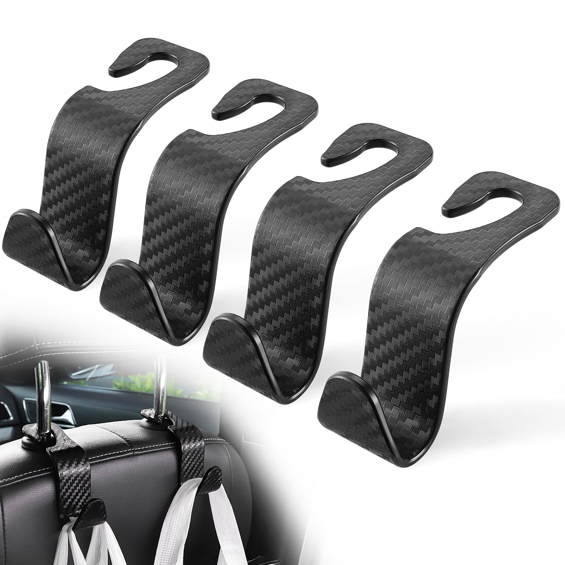 Livtee Car Purse Hook, 4 Pack Universal Auto Seat Headrest Hook Hangers Organizer For Coats, Umbrellas, Groceries - Carbon Fiber