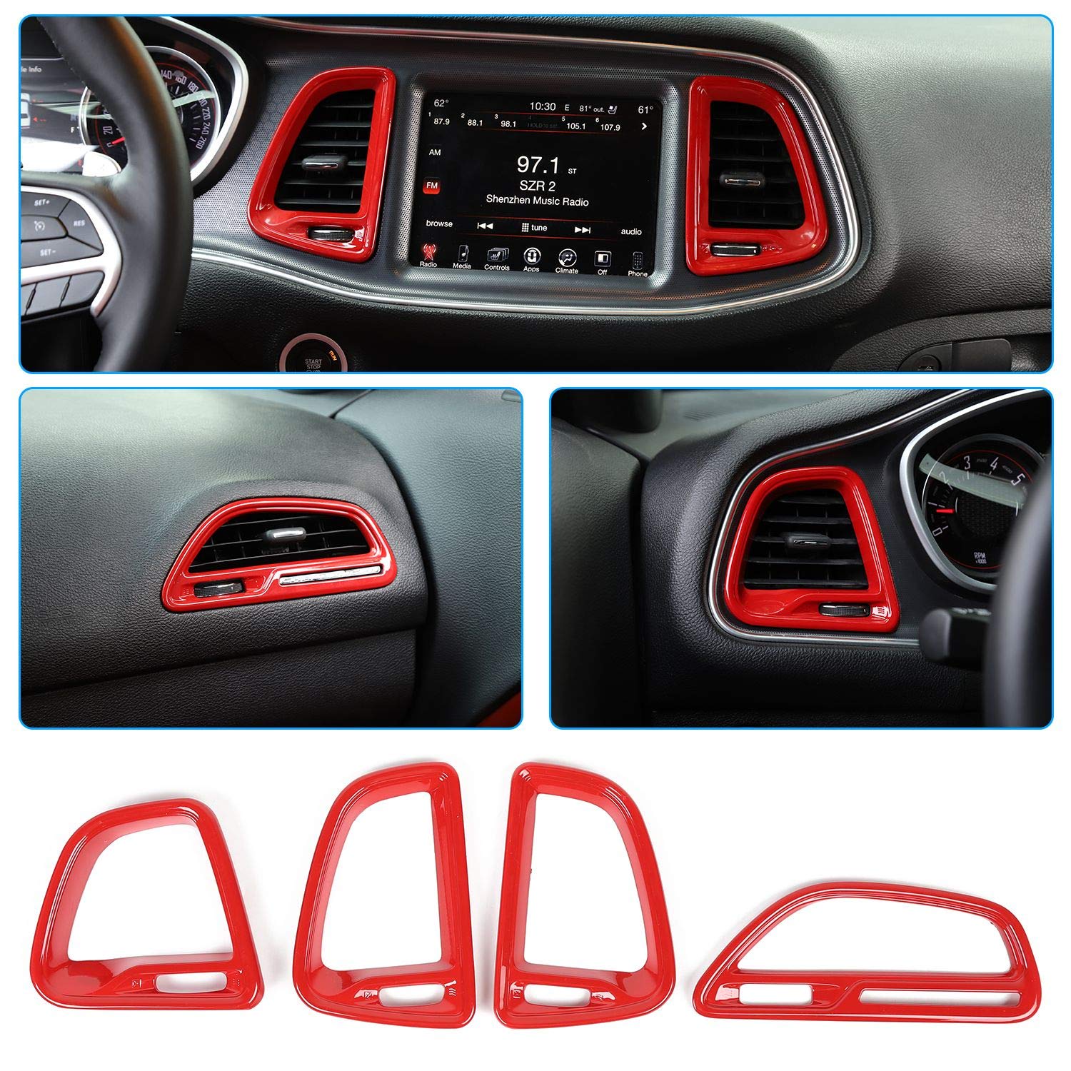 Voodonala For Challenger Center Console Air Condition Outlet Vent Trim Accessories For Dodge Challenger 2015 Up (Red, 4Ps)