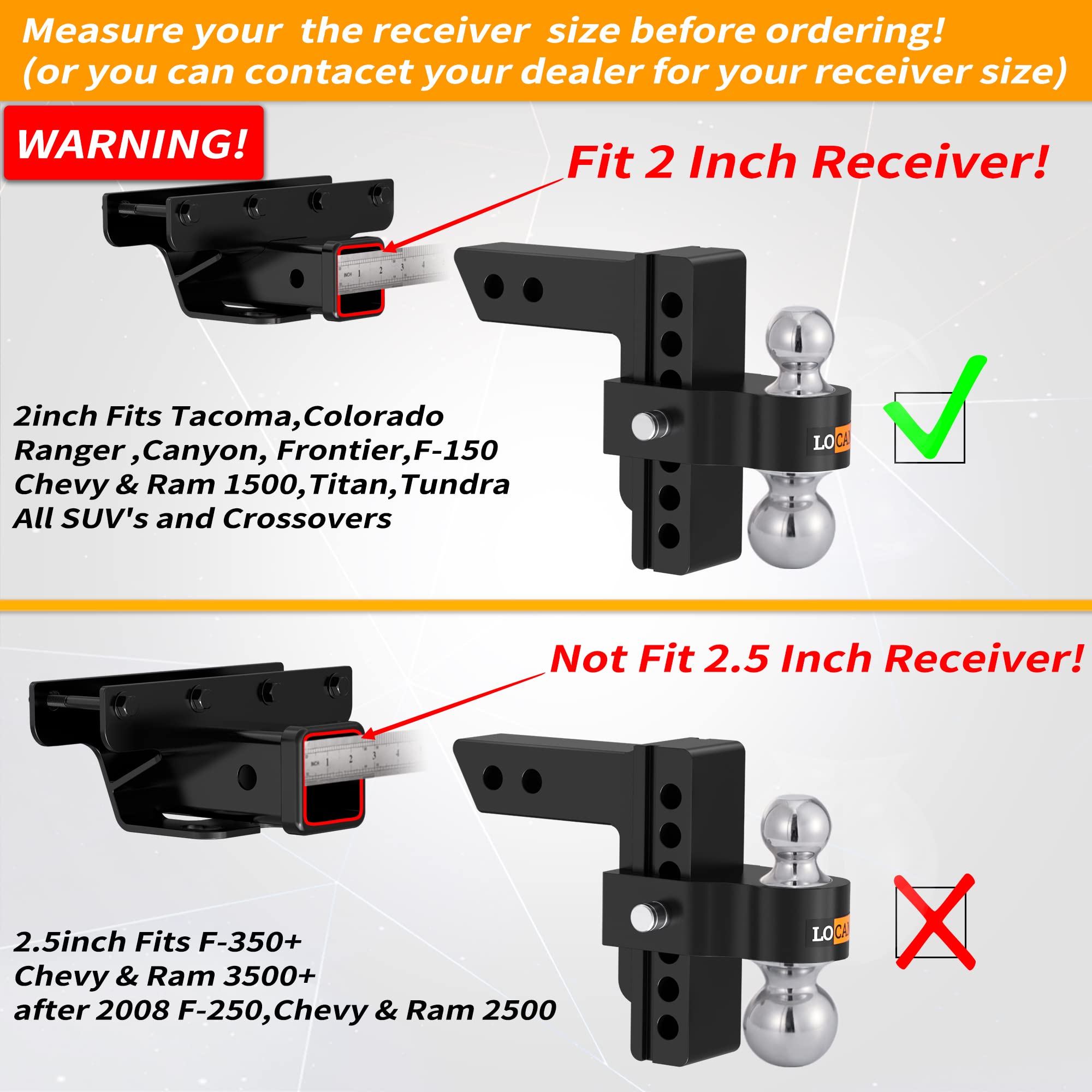 LOCAME Adjustable Trailer Hitch, 6-Inch Drop/Rise, Aluminum, 12,500 LBS GTW, Black, Model LC0024