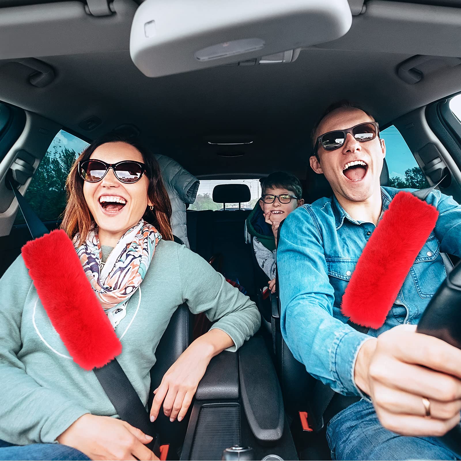 Boao 4 Pack Faux Sheepskin Car Seat Belt Pads Seatbelt Protector Soft Seat Belt Shoulder Strap Cover Comfort Harness Pad(Red, 9.