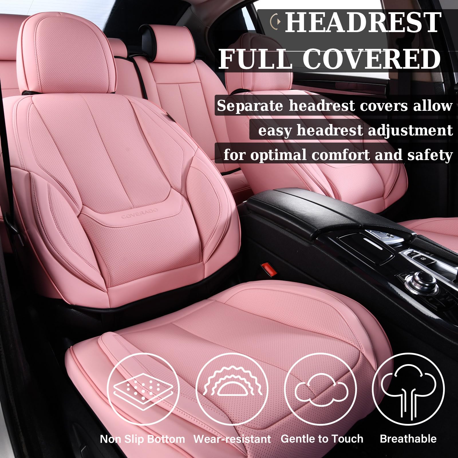 Coverado Car Seat Covers Full Set, Seat Covers For Cars, Pink Car Seat Cover, Car Seat Protector Waterproof, Nappa Leather Car S
