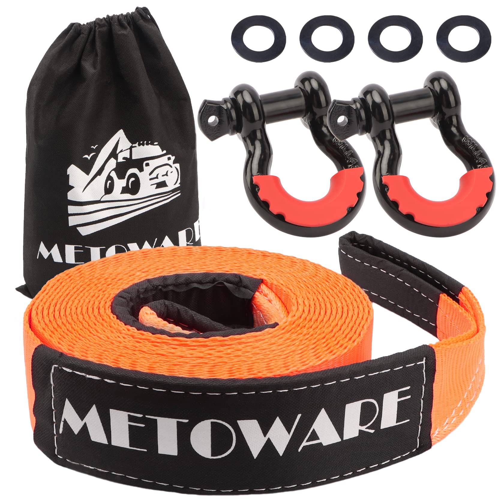 Metoware Heavy Duty Tow Strap Recovery Kit - 3'' X 30Ft(35,000Lbs) Tree Saver Winch Strap + 3/4'' D Ring Shackles(2Pcs) + Storag