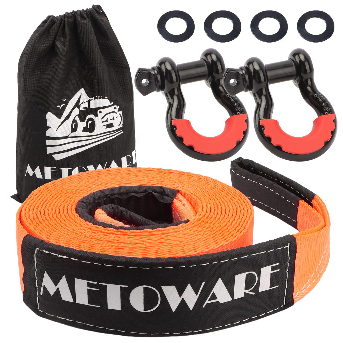 Metoware Heavy Duty Tow Strap Recovery Kit - 3'' X 30Ft(35,000Lbs) Tree Saver Winch Strap + 3/4'' D Ring Shackles(2Pcs) + Storag