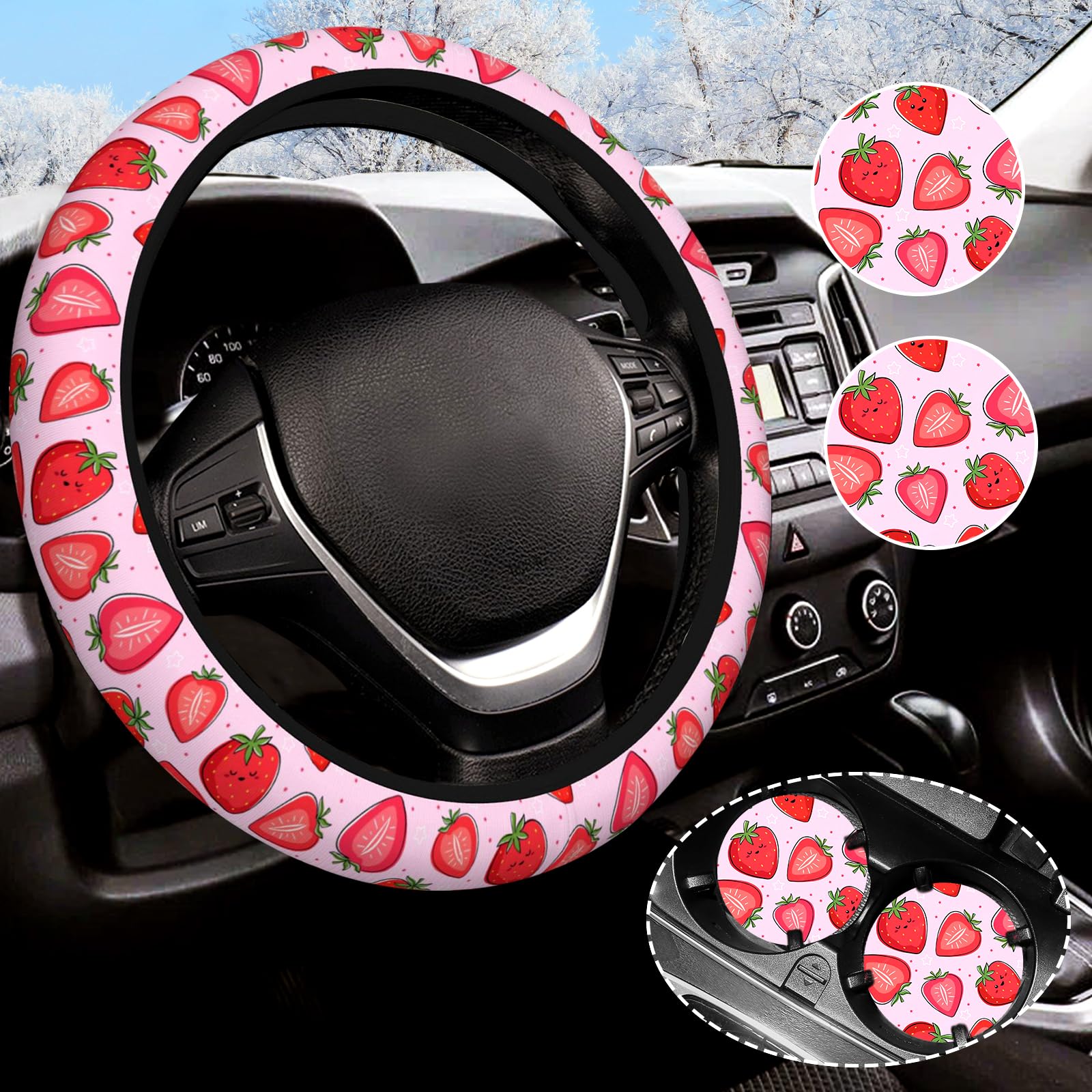 Cute Pink Strawberry Steering Wheel Cover for Women Men with 2 Pcs Car Coasters, Universal 14.5-15 Inch Rainbow Steering Wheel C