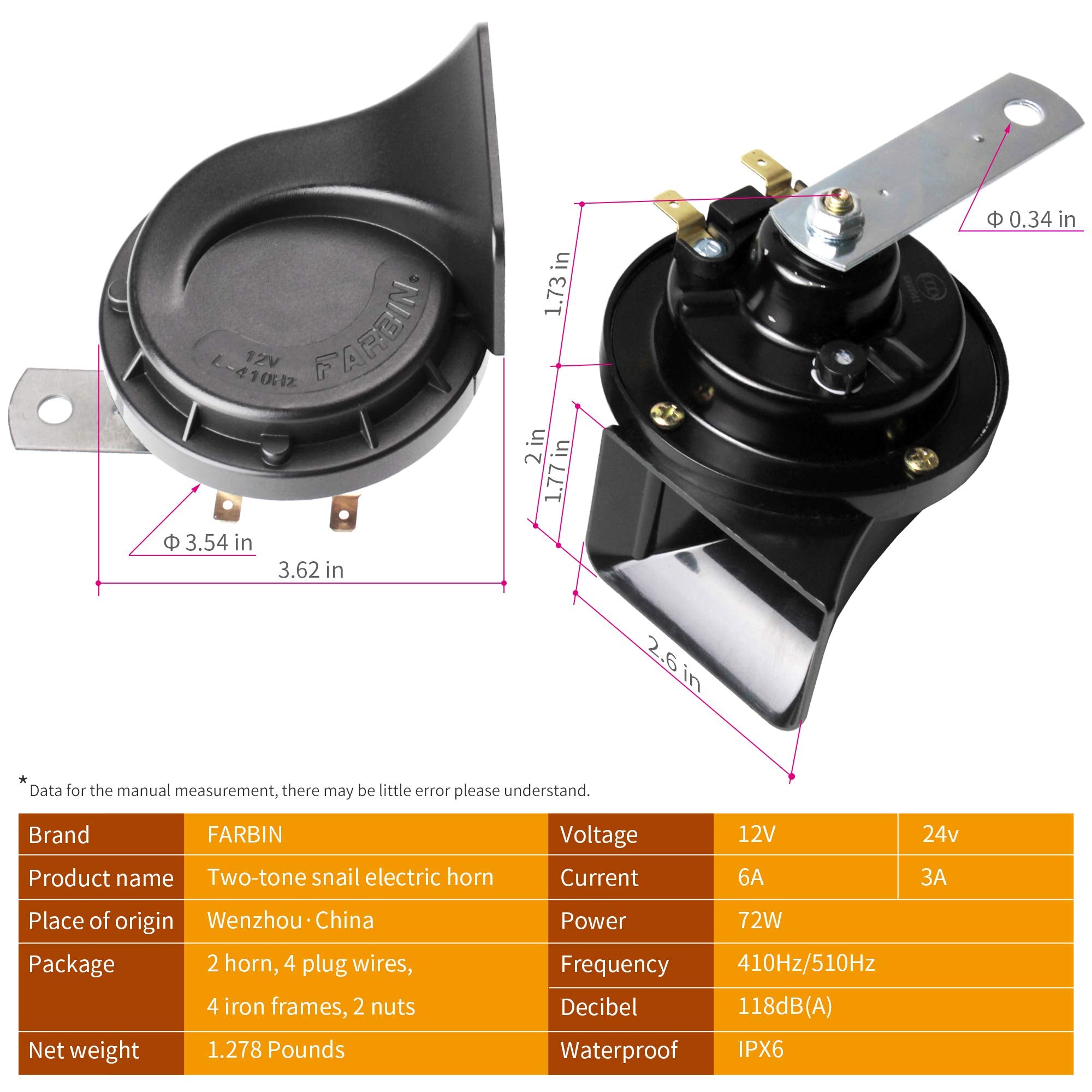 Farbin 4Pcs Loud Train Horn For Truck Car, Super Loud Car Horns 12V Waterproof Auto Horns, Electric 12V High And Low Tone Horn R