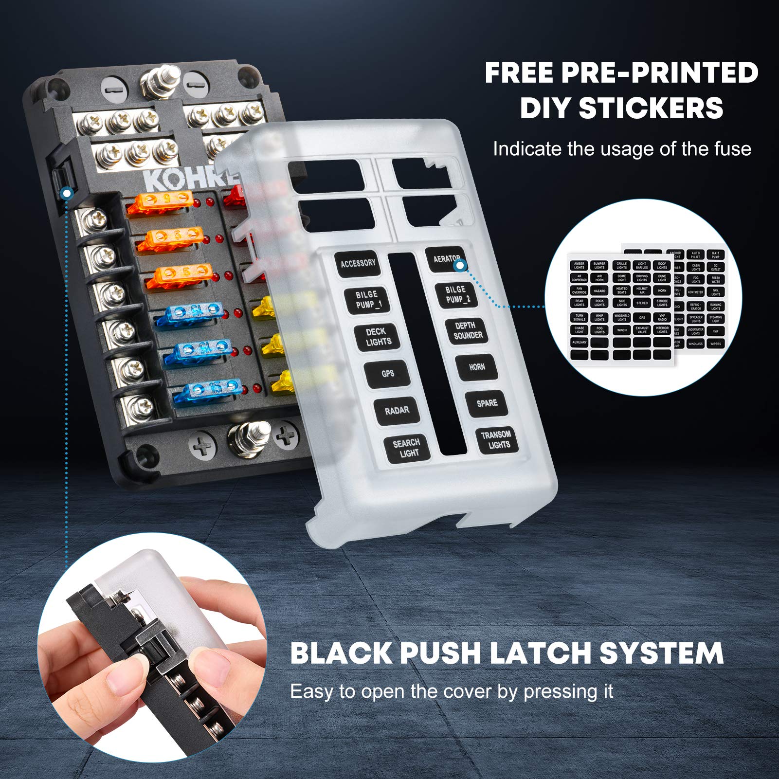 Kohree 12 Way 12V Fuse Block Marine, Boat Fuse Block Waterproof With Led Indicator, 30Pcs Fuses 5A 7.5A 10A 15A 20A 25A, Automot