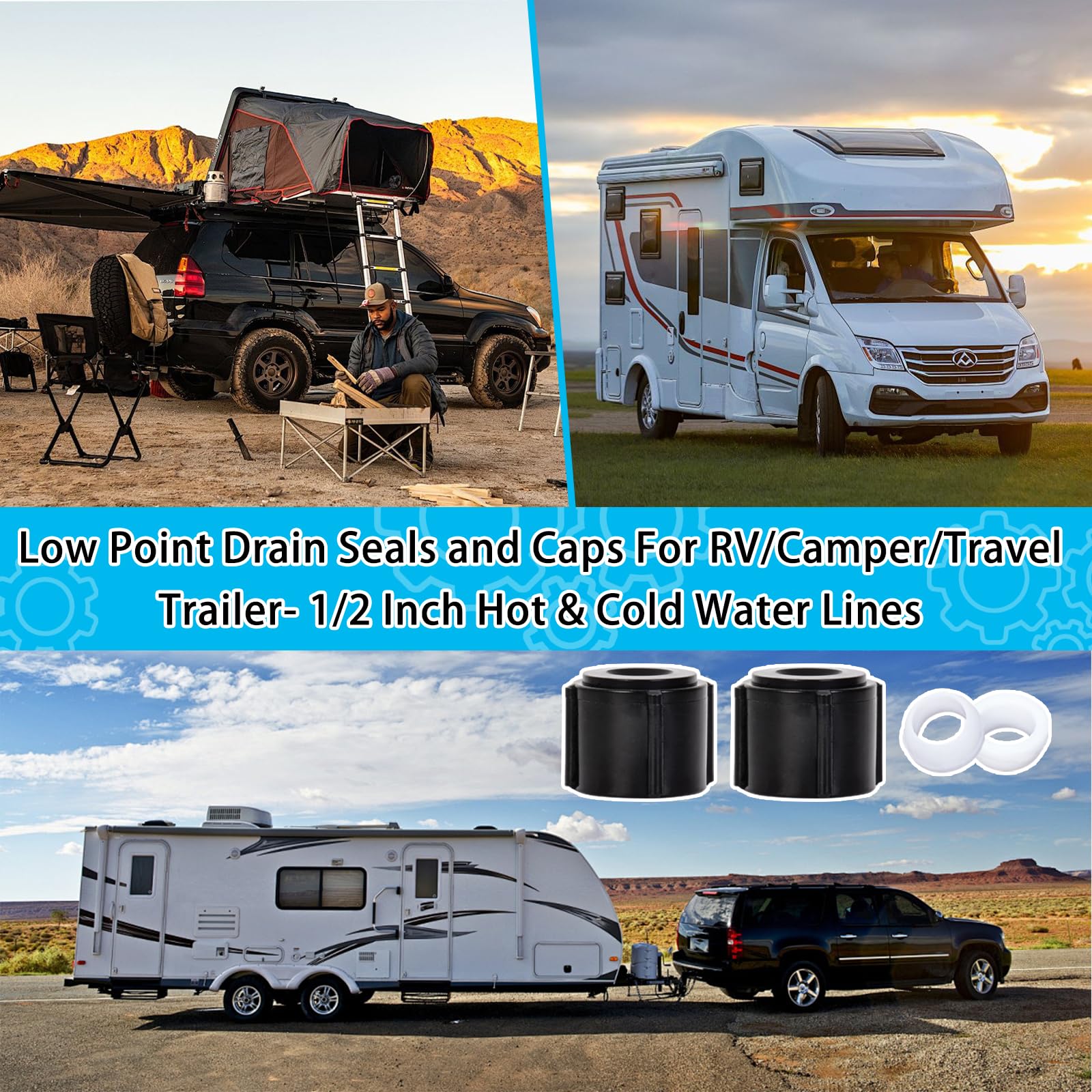 2 Pcs Low Point Drain Seals and Caps for RV Camper Travel Trailer- 1/2 Inch Hot & Cold Water Lines