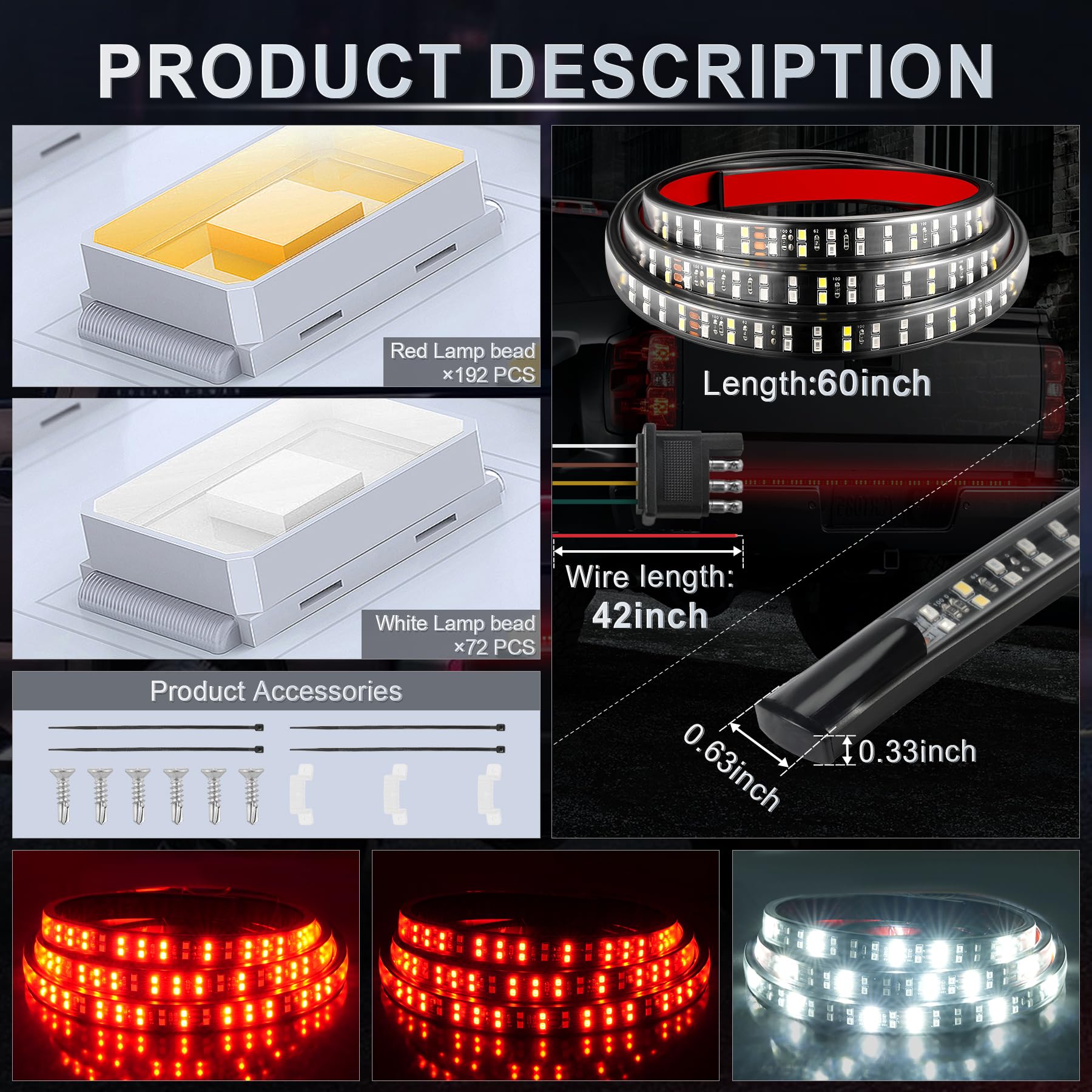 Livtee Truck Tailgate Light Bar 60'' Led Strip With Red Running Brake White Reverse Red Turning Signals Lights, Car Truck Access