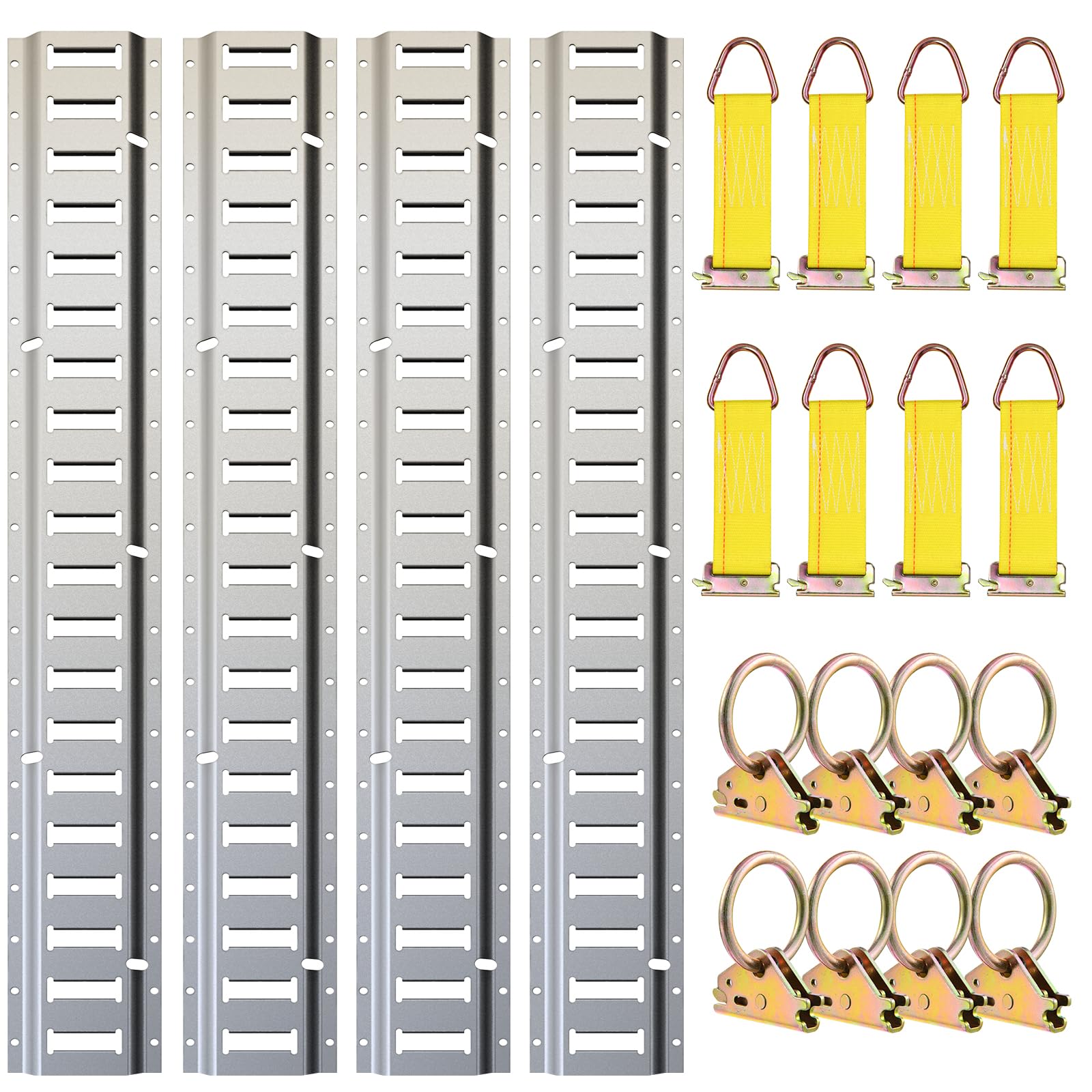 Trekassy 8Ft Horizontal E-Track Tie-Down Rail Kit With 8 Steel O-Ring Anchors And 8 Rope Tie Offs For Truck Bed, Trailers- Silve