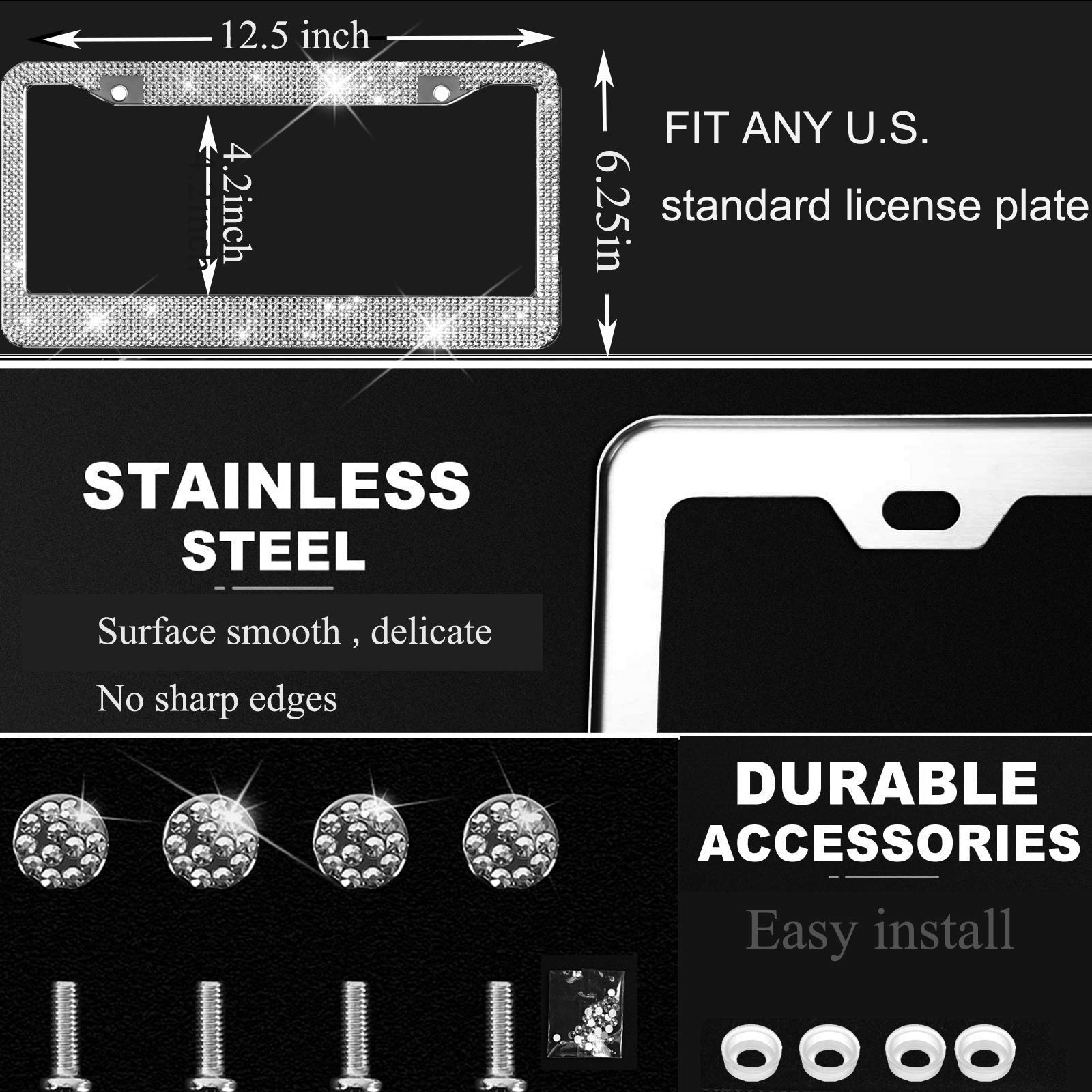 Shering Bling License Plate Frame, 2 Pack Frame With Premium Gift Box For Women,Rhinestone Frames 1200Pcs Rhinestones(Colorful R