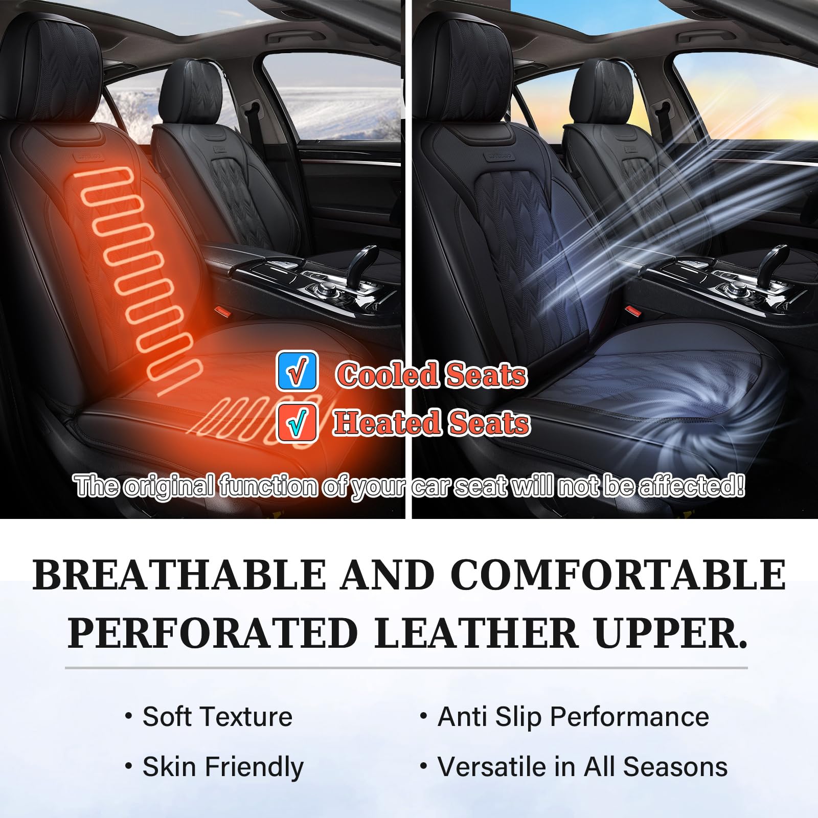 Coverado Front Car Seat Covers, 2 Pcs Waterproof Leather Seat Covers For Cars, Sideless Black Seat Covers Auto Seat Cushions Wit