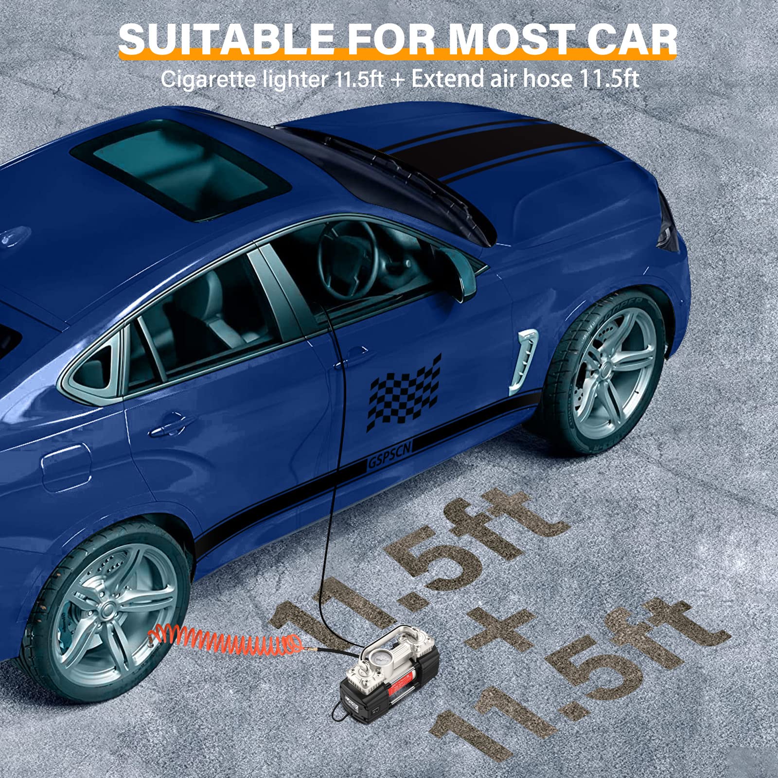 Gspscn Silver Dual Cylinder 12V Air Compressor Pump For Car, Heavy Duty Portable Tire Inflator 150Psi With Led Work Lights For A