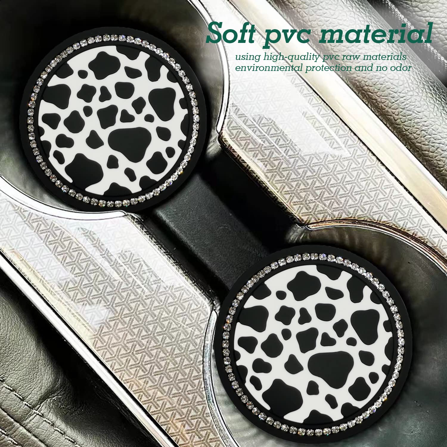 2Pcs Bling Cow Print Car Accessories For Women, Universal Auto Cute Anti Slip Cup Holder Insert Coaster