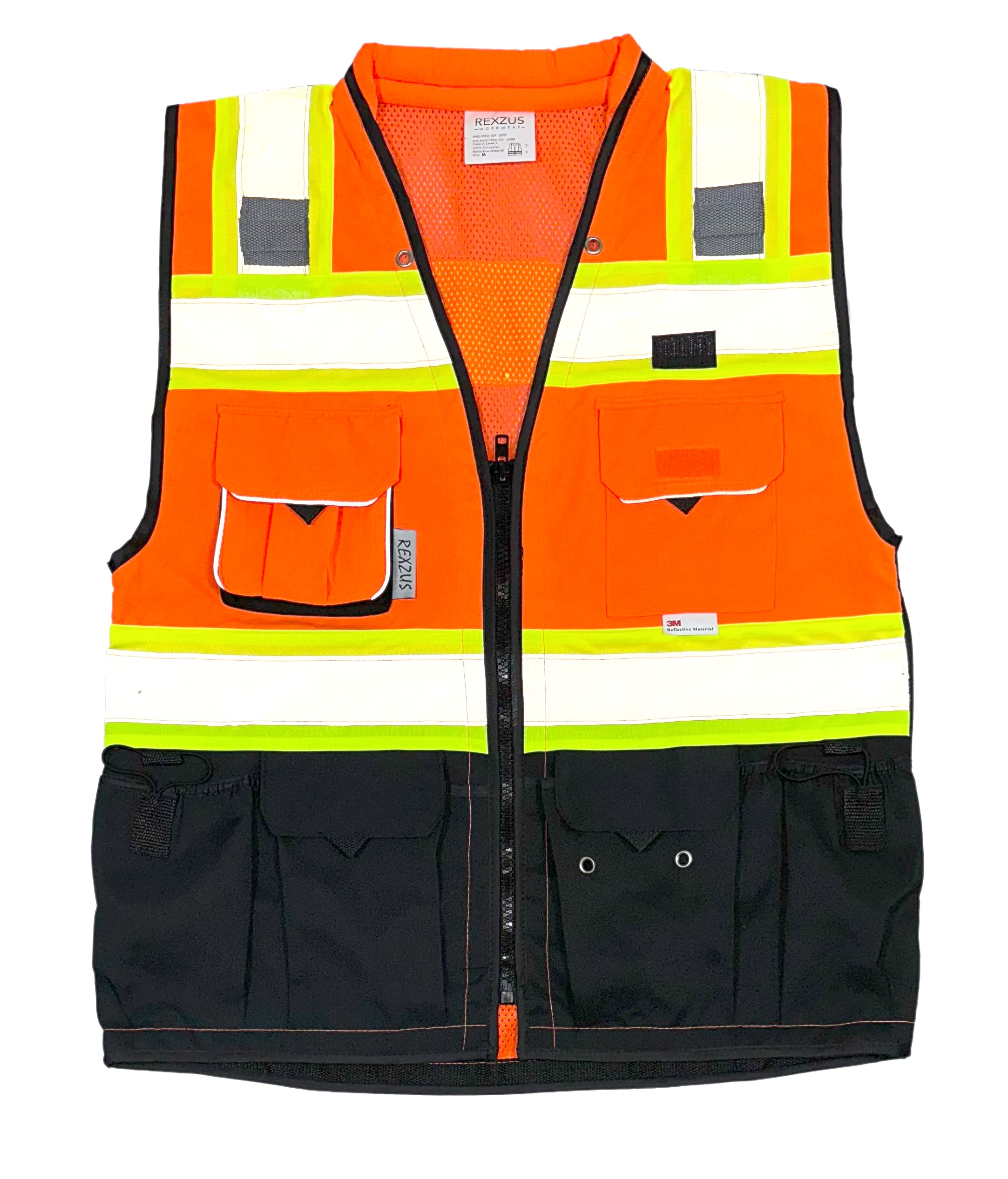 REXZUS (C Vest Mens Class 2 Black Series Safety Vest With Zipper and Utility Pockets Premium Black Series Surveyors Vest (Medium
