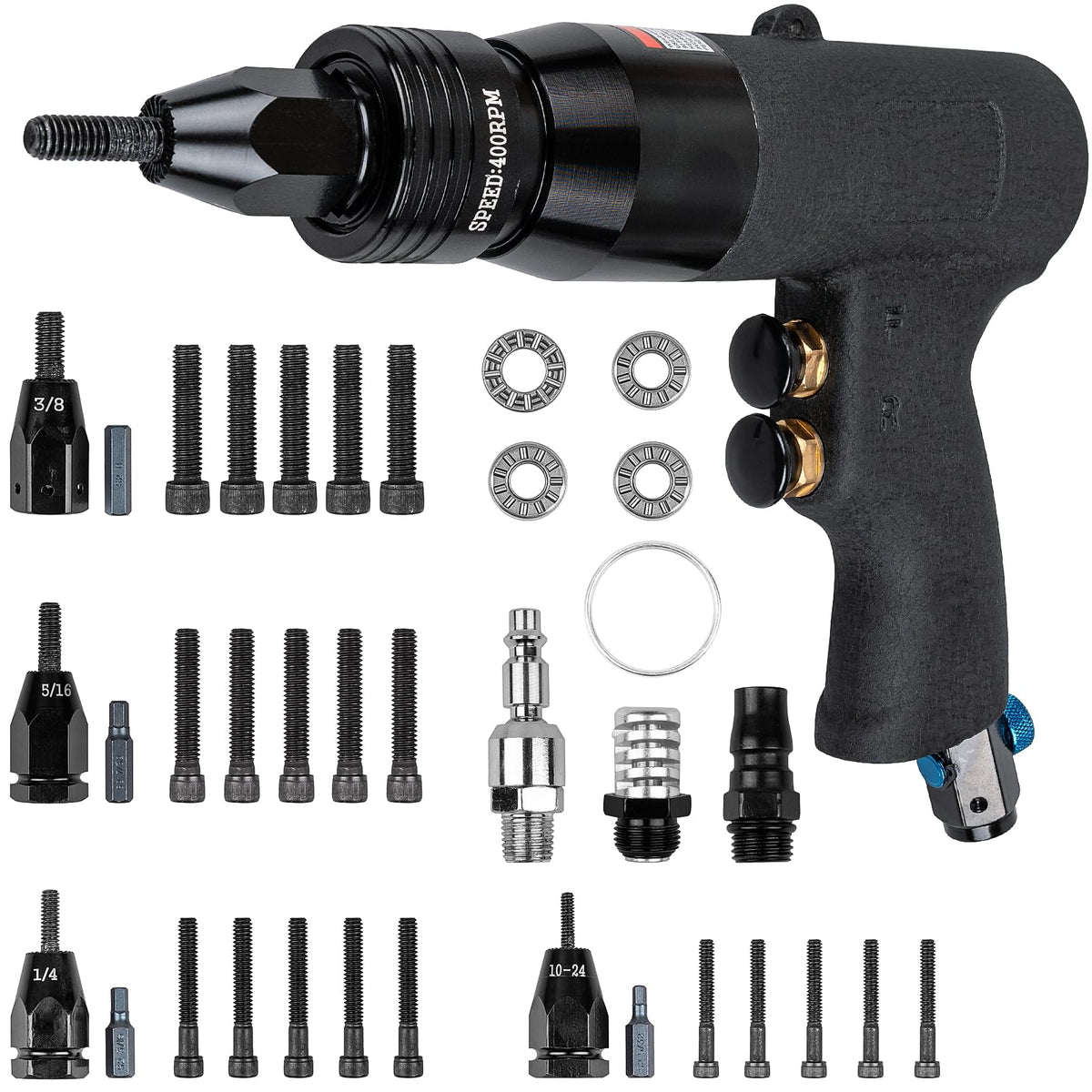 Clatoon Pneumatic Rivet Nut Gun with 10-24 & 1/4 & 5/16 & 3/8 Self-Locking Head, Adjustable Speed Air Rivet Gun, Air Rivet Nut T