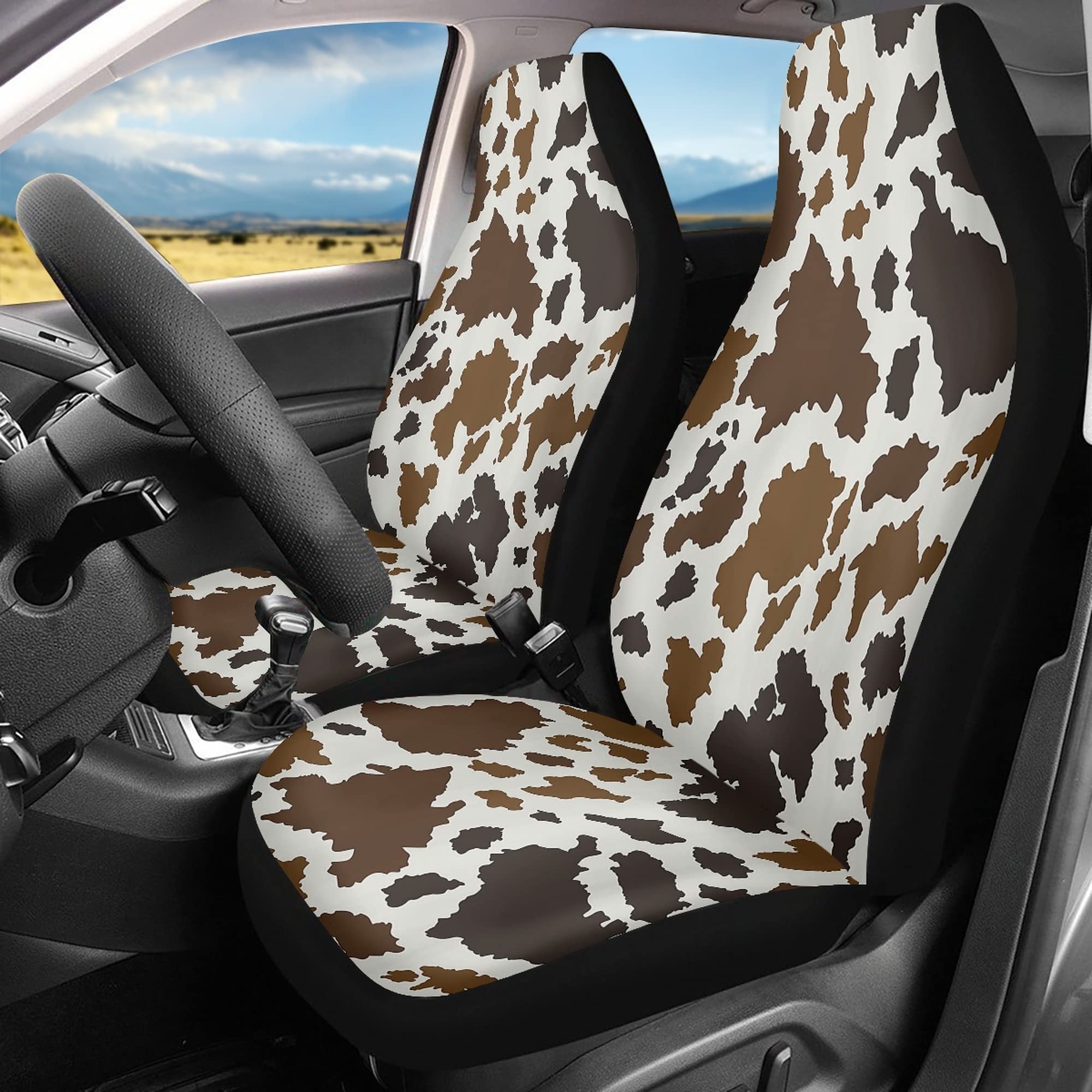 TOADDMOS Auto Seat Covers, Brown Cowhide Design Car Accessories for Interior Decor, Front Seat Covers Full Set, Universal Fit Mo