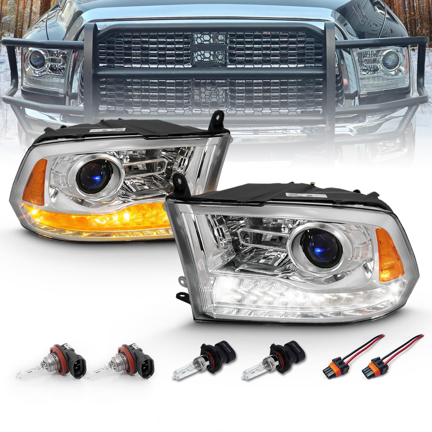 Amerilite For 2009-2018 Dodge Ram 1500 2500 3500 Truck Dual/Quad Projector Models Switchback Led Tube Chrome Replacement Project