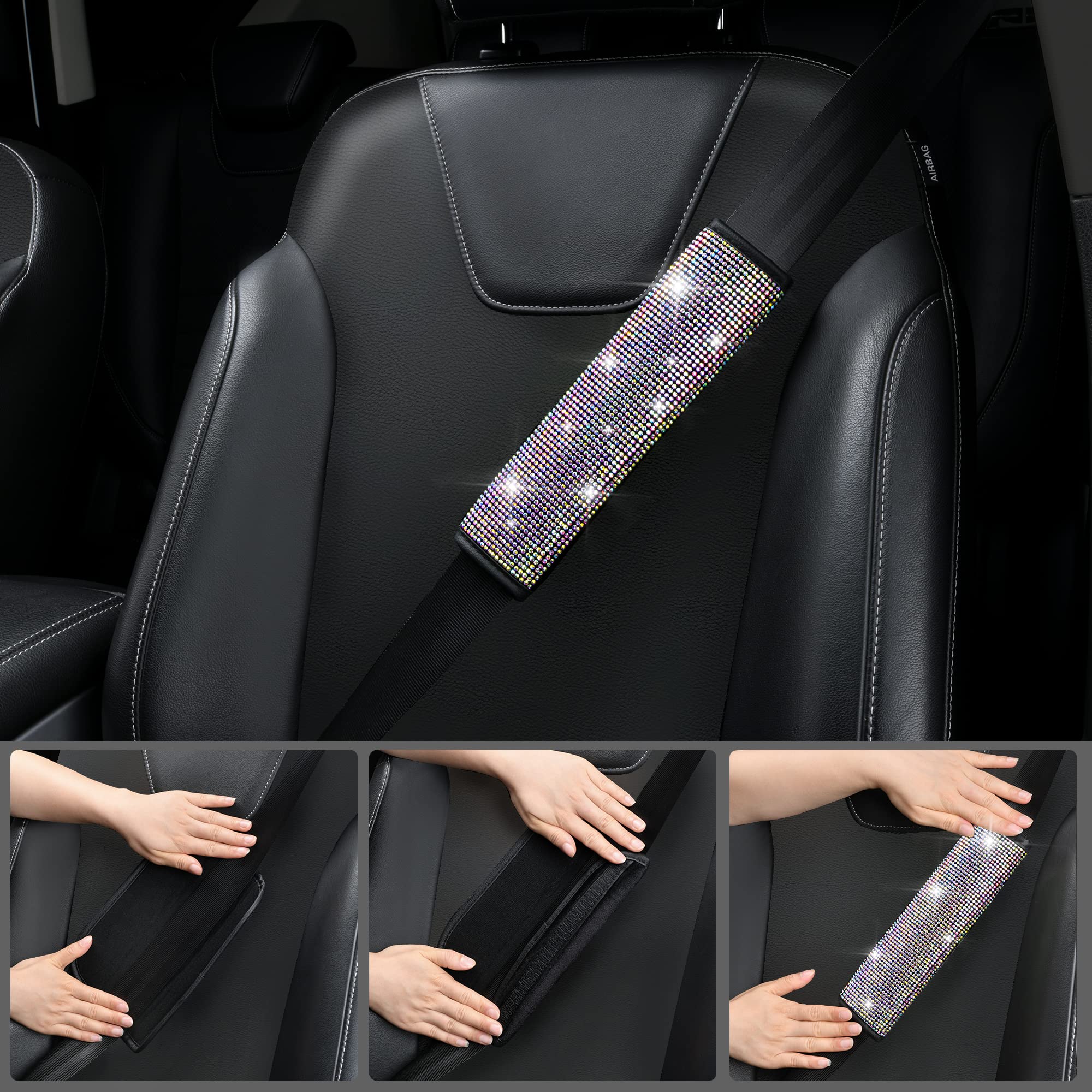 Car Pass 7 Pcs Bling Car Accessories For Women, Sparkly Rhinestone Diamond Steering Wheel Cover, Bling Seat Belt Cushion, Glitte
