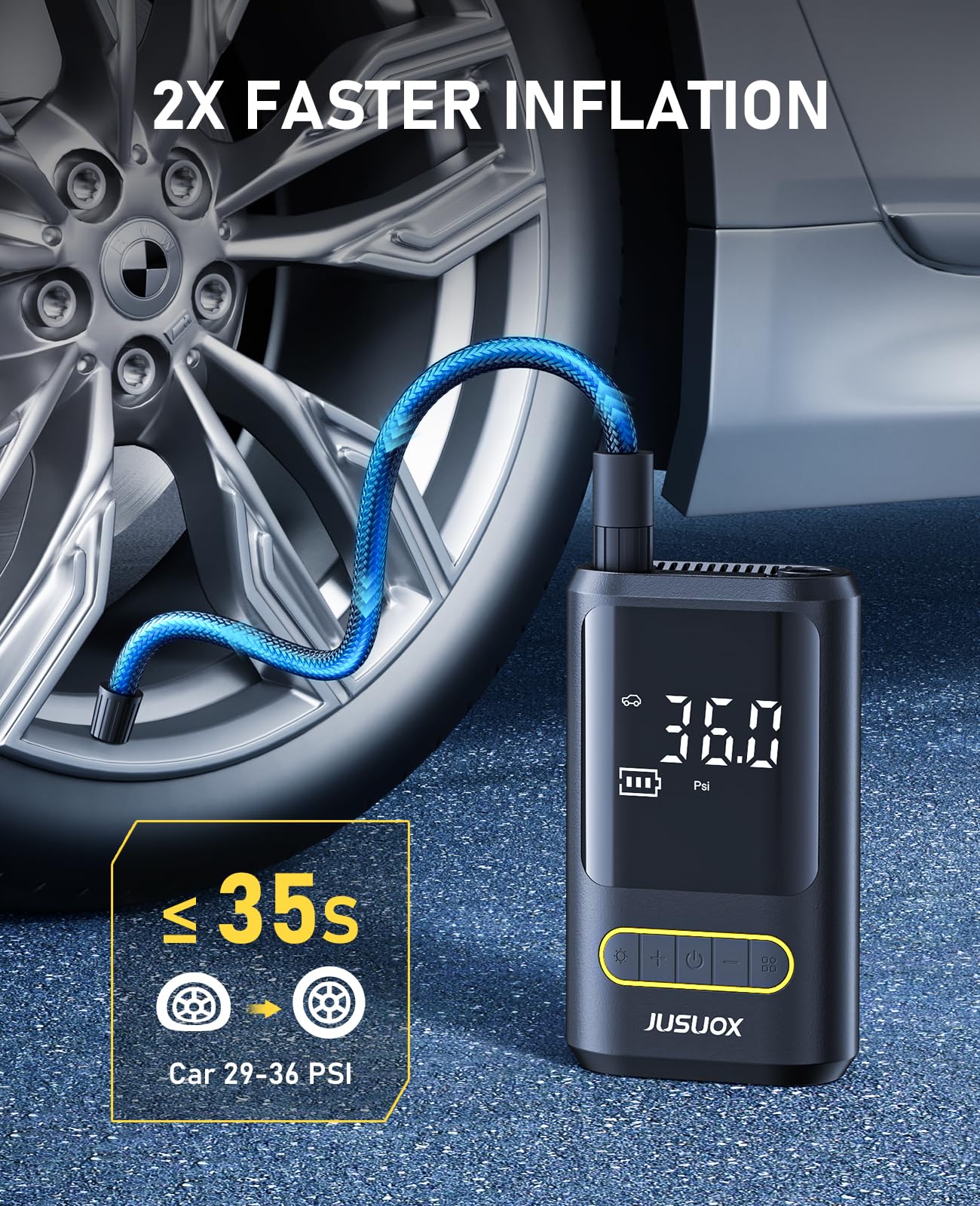 JUSUOX Tire Inflator Portable Air Compressor, Electric Bike Pump with Digital Pressure Gauge, 150 PSI Cordless Air Pump for Car