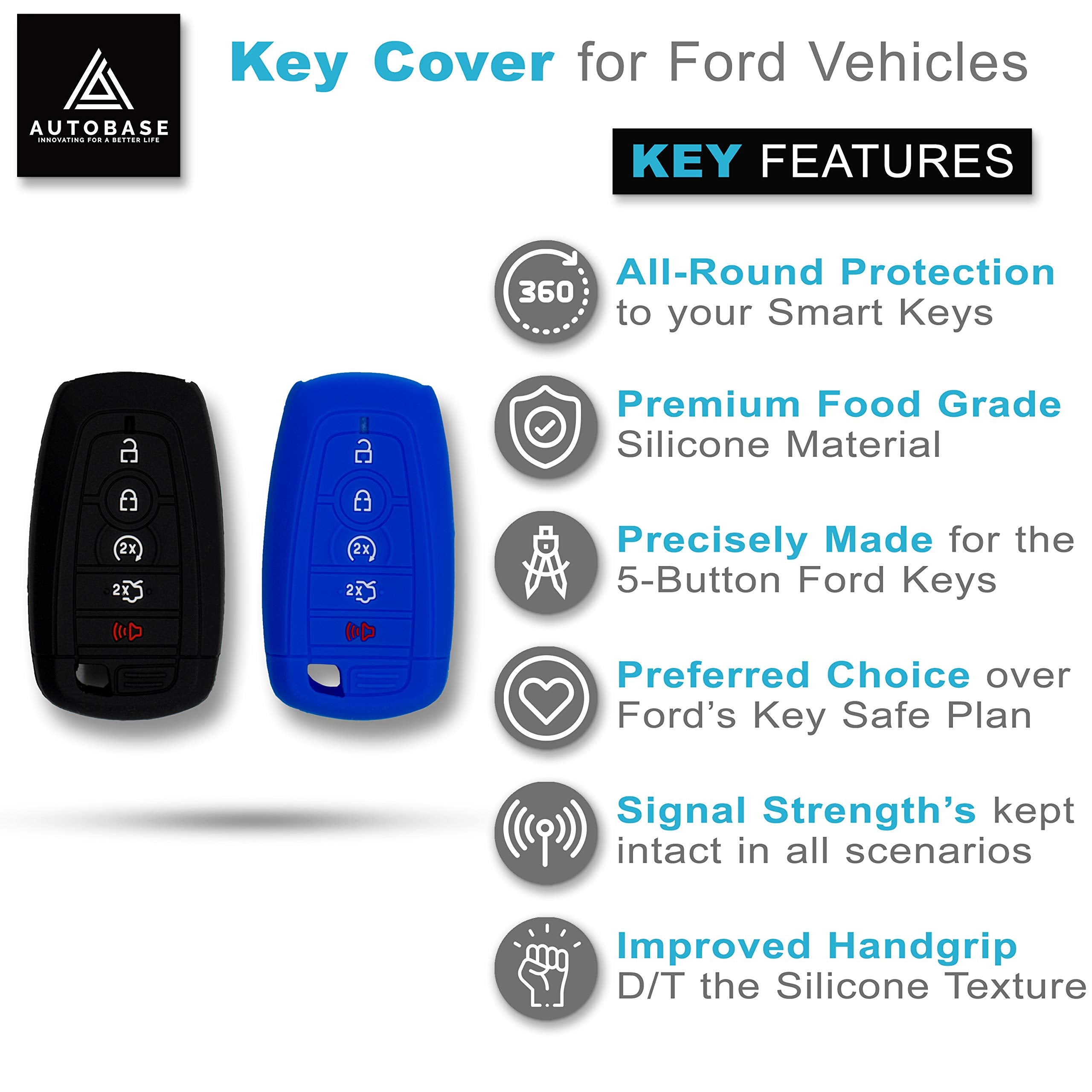Autobase Silicone Key Fob Cover For 2025 2024 Ford Explorer Bronco Expedition Mustang F-150 Raptor Fusion F150 F250 F350 F450 F5