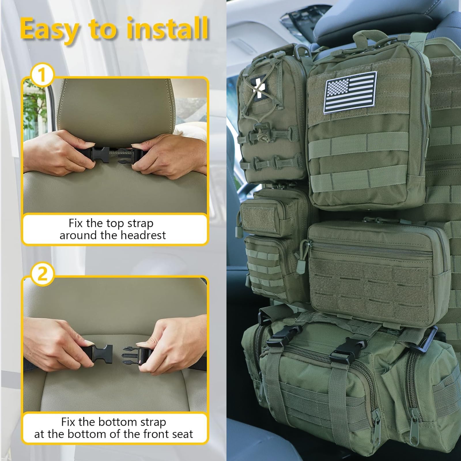 Universal Tactical Seat Back Organizer Vehicle Molle Panel Organizer Storage Bag with 5 Detachable Molle Pouch for All Vehicel S