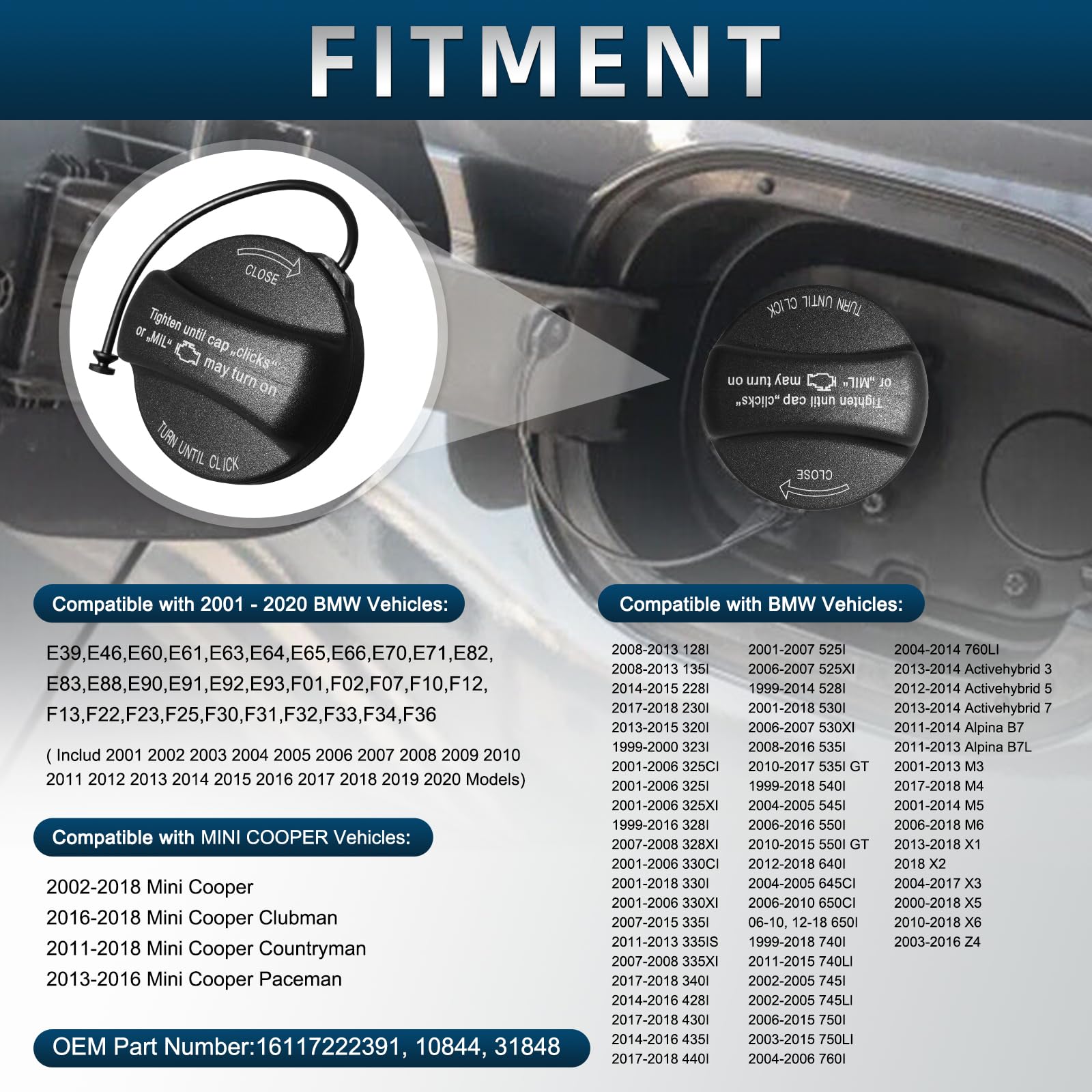 Fuel Tank Cap Gas Cap Compatible With Mini Cooper& Bmw X1 X2 X3 X4 X5 X6 128I 135I 228I 320I 323I 325I Xi 328I 330I 335I 428I 52