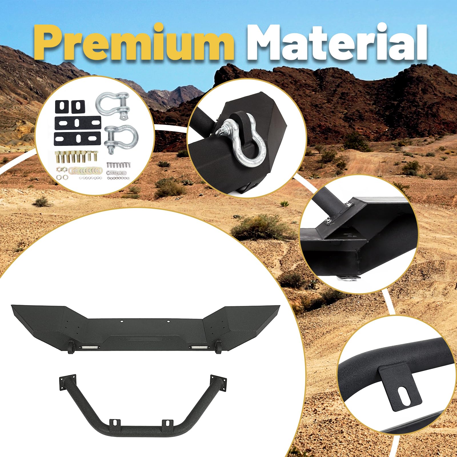 Ecotric Front Bumper Compatible With 1987-2006 Jeep Wrangler Tj Yj With Winch Plate D-Ring And 2 Led Lights Black Rock Crawler H