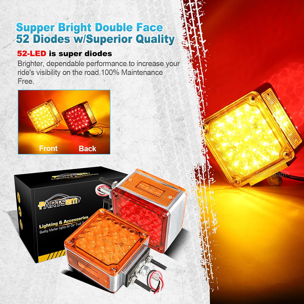 Partsam 2Pcs Square Dual Double Face Fender Stop Turn Signal Tail 52 Led Amber/Red, Truck Trailer Double Face Led Pedestal Light