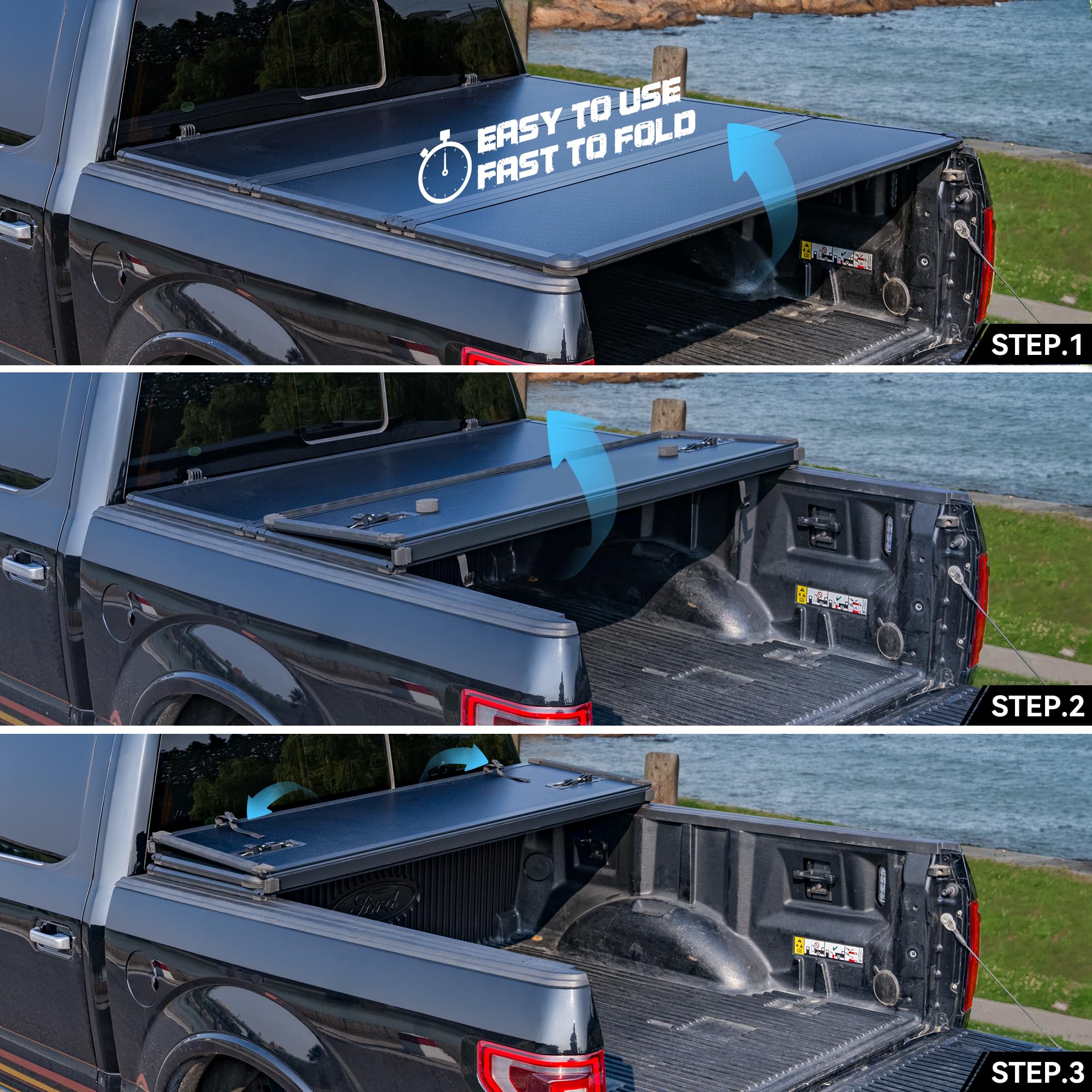 Hard Folding Truck Bed Tonneau Cover Compatiable with Ford Super Duty 8.2 FT Long Box, 1999-2025 F250 F350 F-250 F-350, Tri Fold