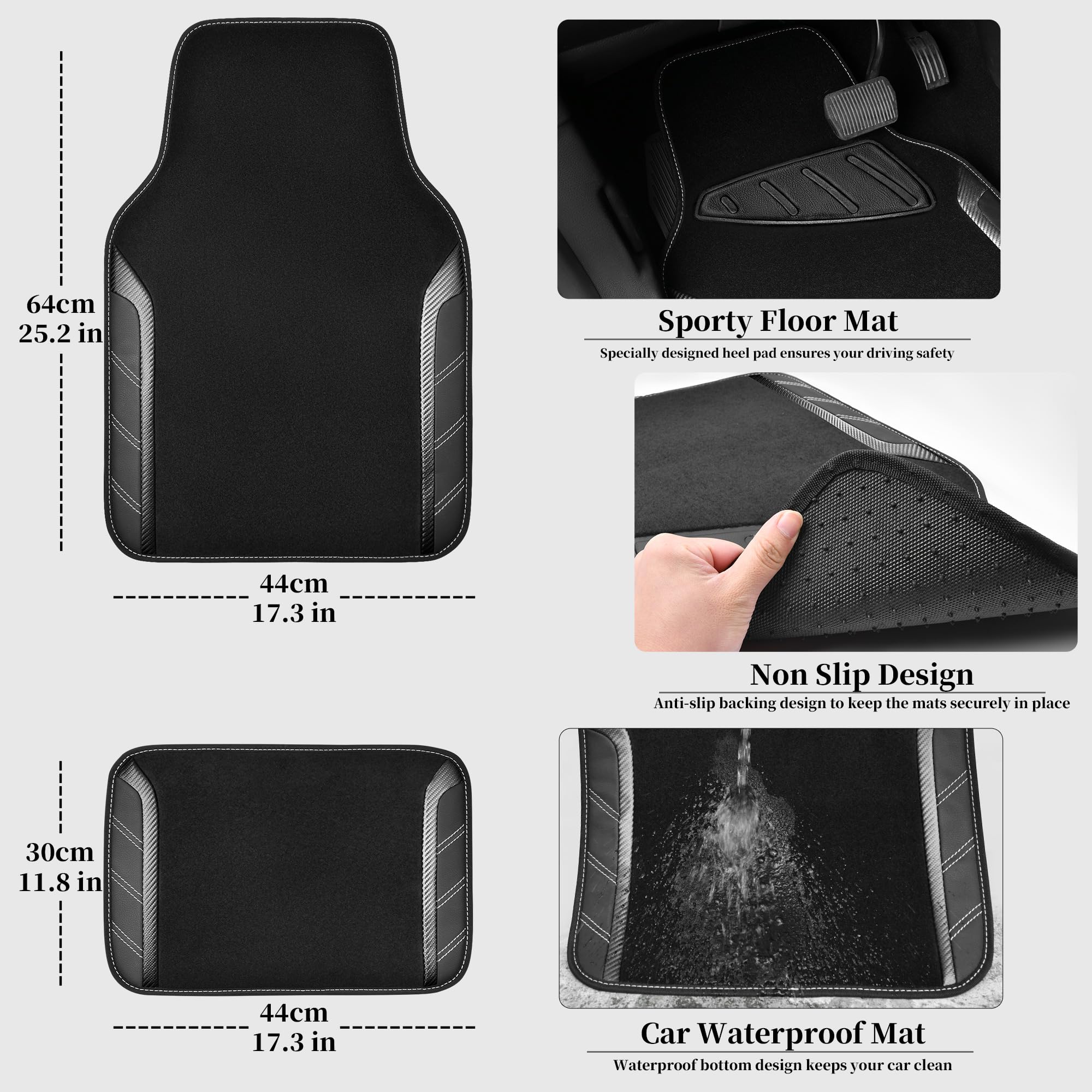CAR PASS Leather Steering Wheel Cover and Waterproof Car Floor Mats,Microfiber Universal Car Combo Fit for 95% Sedan,SUV,Cars,14