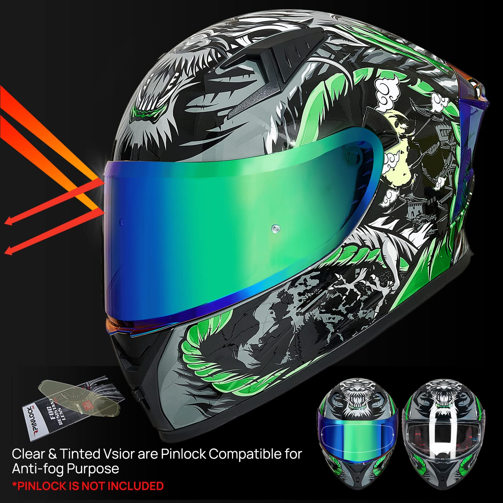 Ilm Motorcycle Helmet Full Face With Pinlock Compatible Clear&Tinted Visors And Fins Street Bike Motocross Casco Dot Model Z501(Legend Green, Xx-Large)