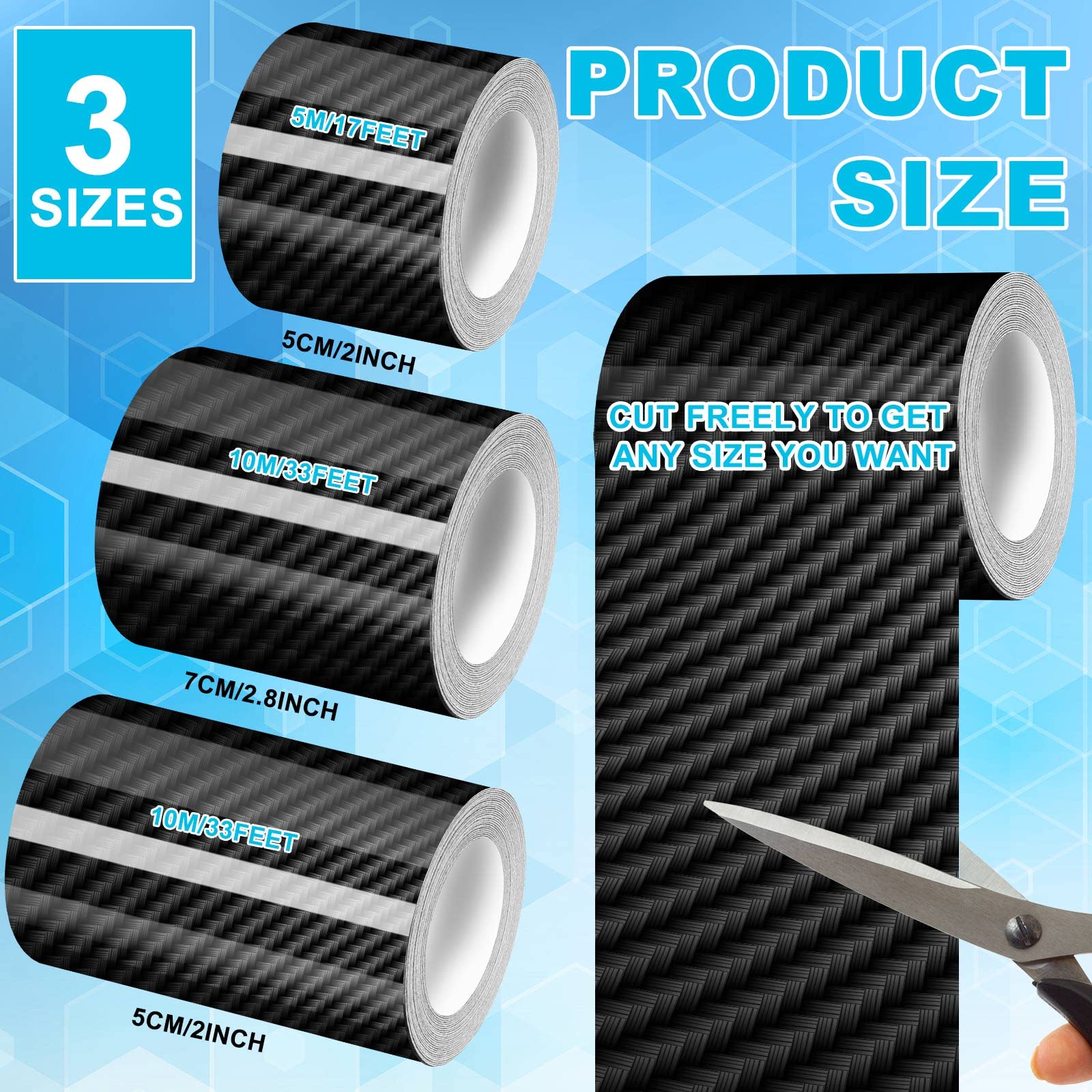 Tallew 3 Rolls 67 Ft Car Edge Door Guards Sill Protector 5D Carbon Fiber Vinyl Wrap Automotive Vehicle Anti Collision Film Fits (Black, 2 In X 17, 4 X, 2.7 X 33 Ft)