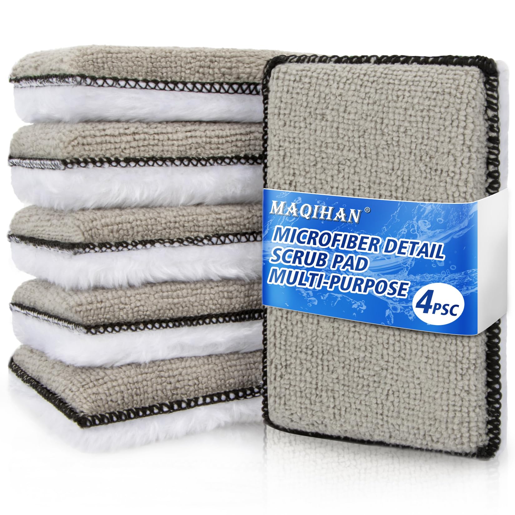 MAQIHAN Microfiber Pad - 4PCS Microfiber Pads Detailing Sponge Two Sides of Fiber Cloth and Nylon Bristle Brush Car Interior Det