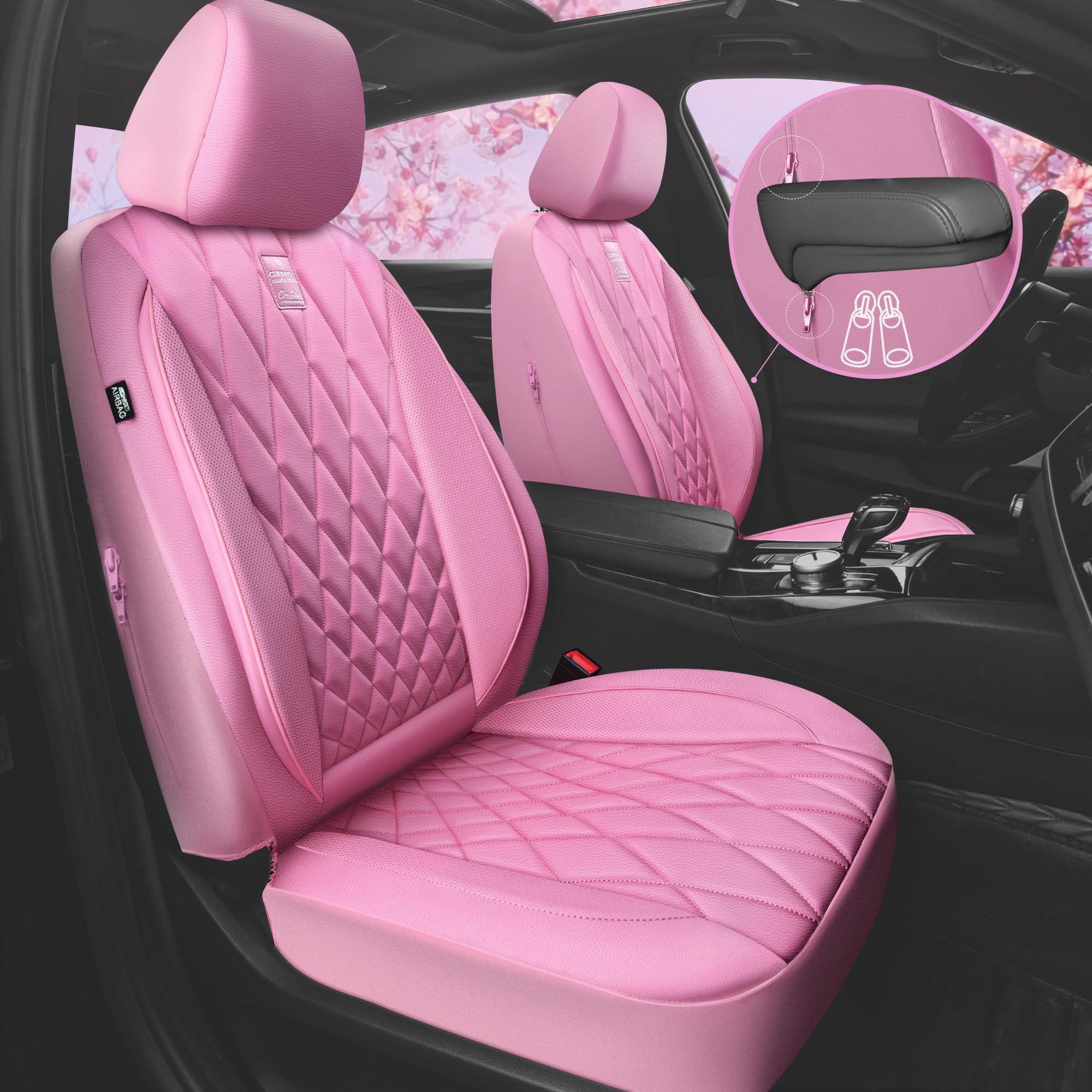 Car Pass 5 Seats Piping Luxury Leather Seat Covers Full Set, Anti-Slip Waterproof Seat Covers Compatible With Front Armrests, Un
