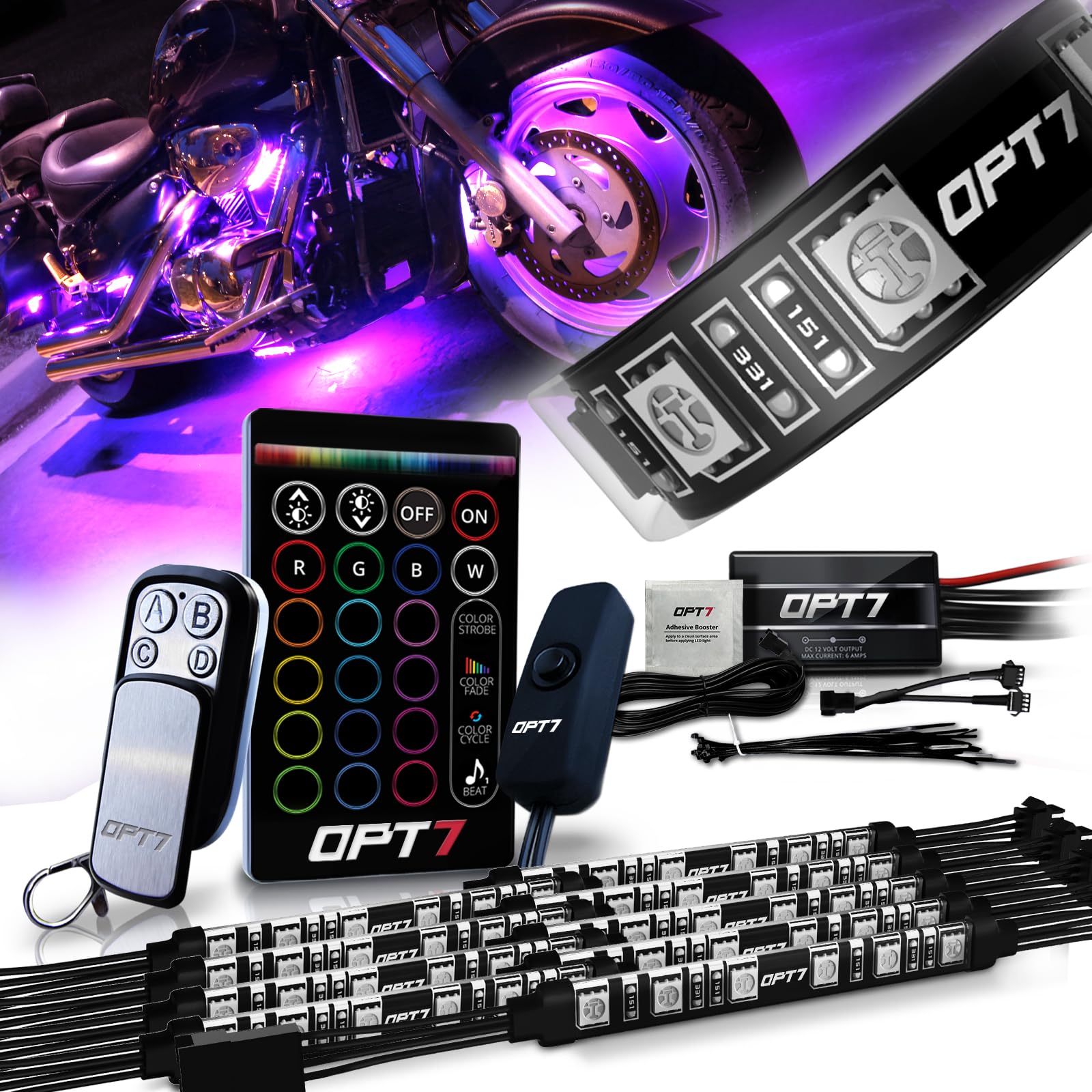 OPT7 Aura Motorcycle LED Accent Lighting Kit, RGB Multi-Color Lights Kit with Remote, Motorcycle Lights Underglow Strips Accesso