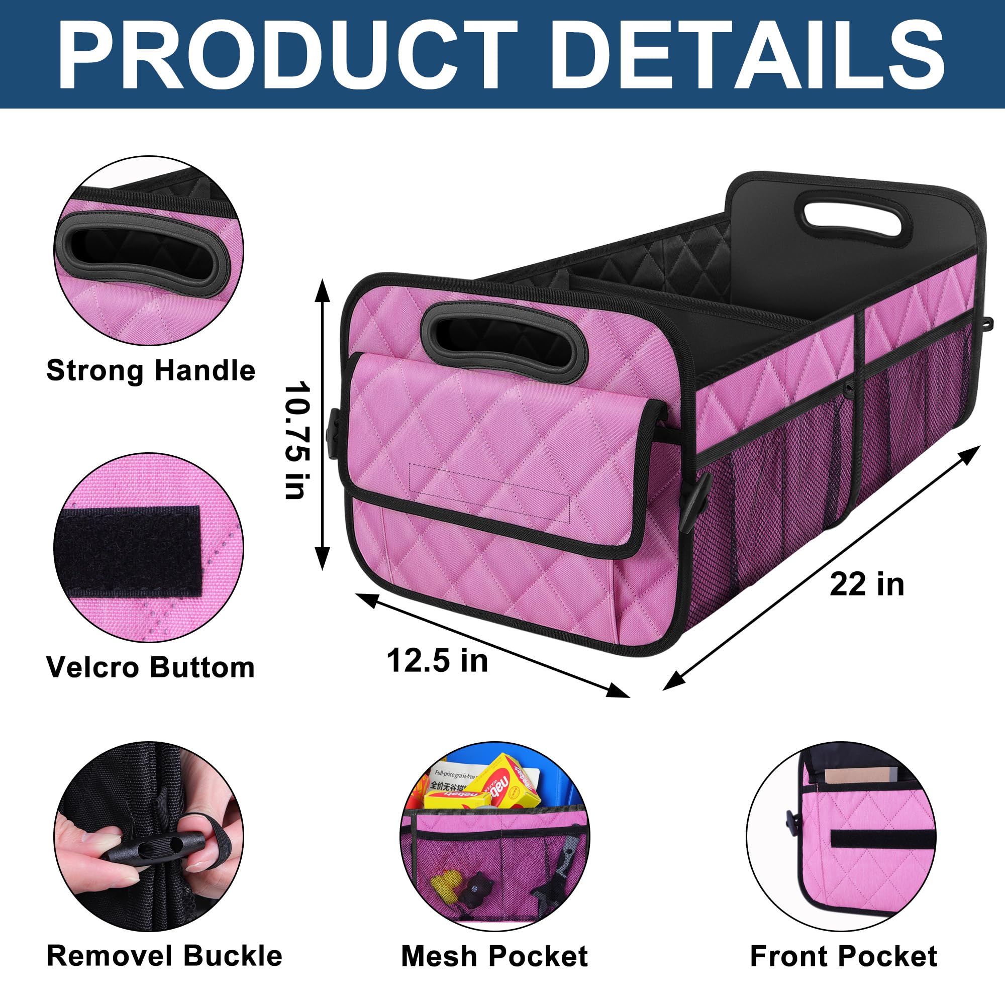 Deosk Car Trunk Organizer For Suv - 50L Waterproof Polyester Storage With 6 Big Pockets, Accessories For Women/Men (Medium, Pink